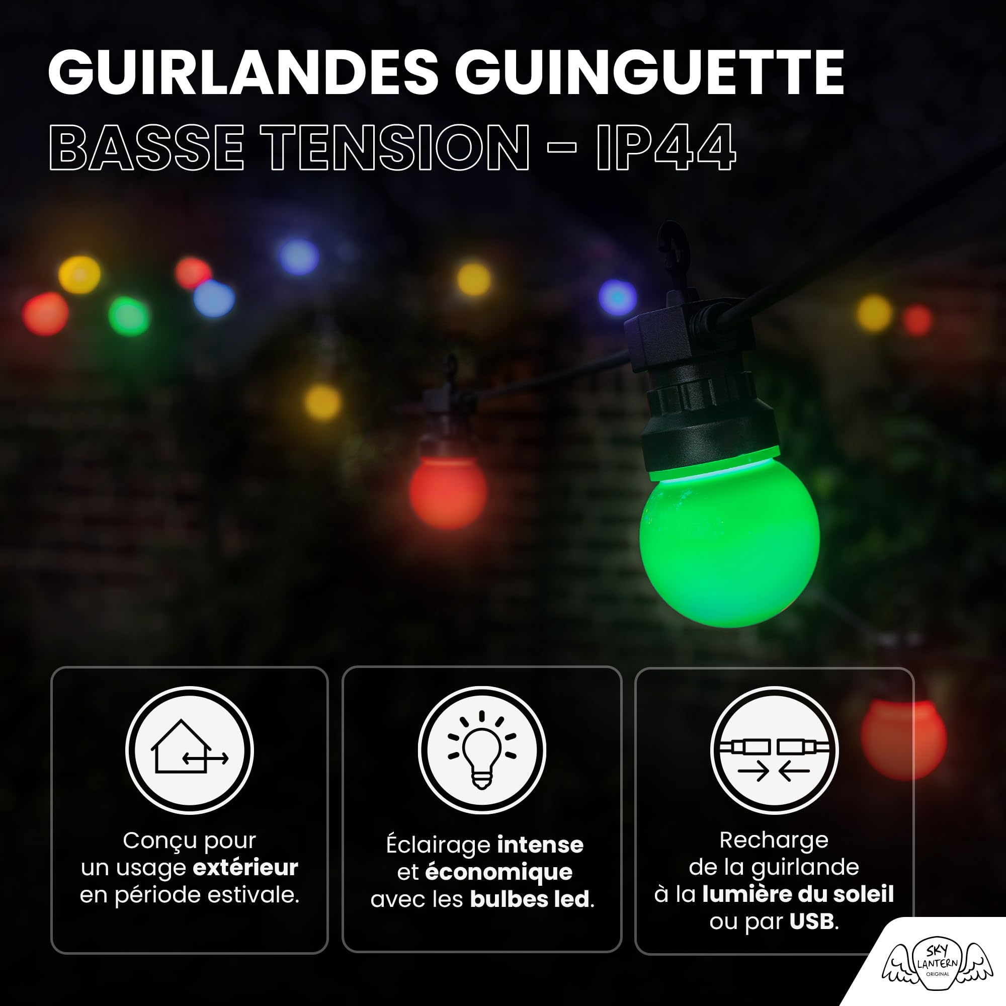 SKYLANTERN® Partylichterkette 10m Außen bunt – 10 E27 Glühbirnen (blau, rot, gelb, grün) – IP44 wetterfest – Romantische LED Lichterkette für Garten & Terrasse