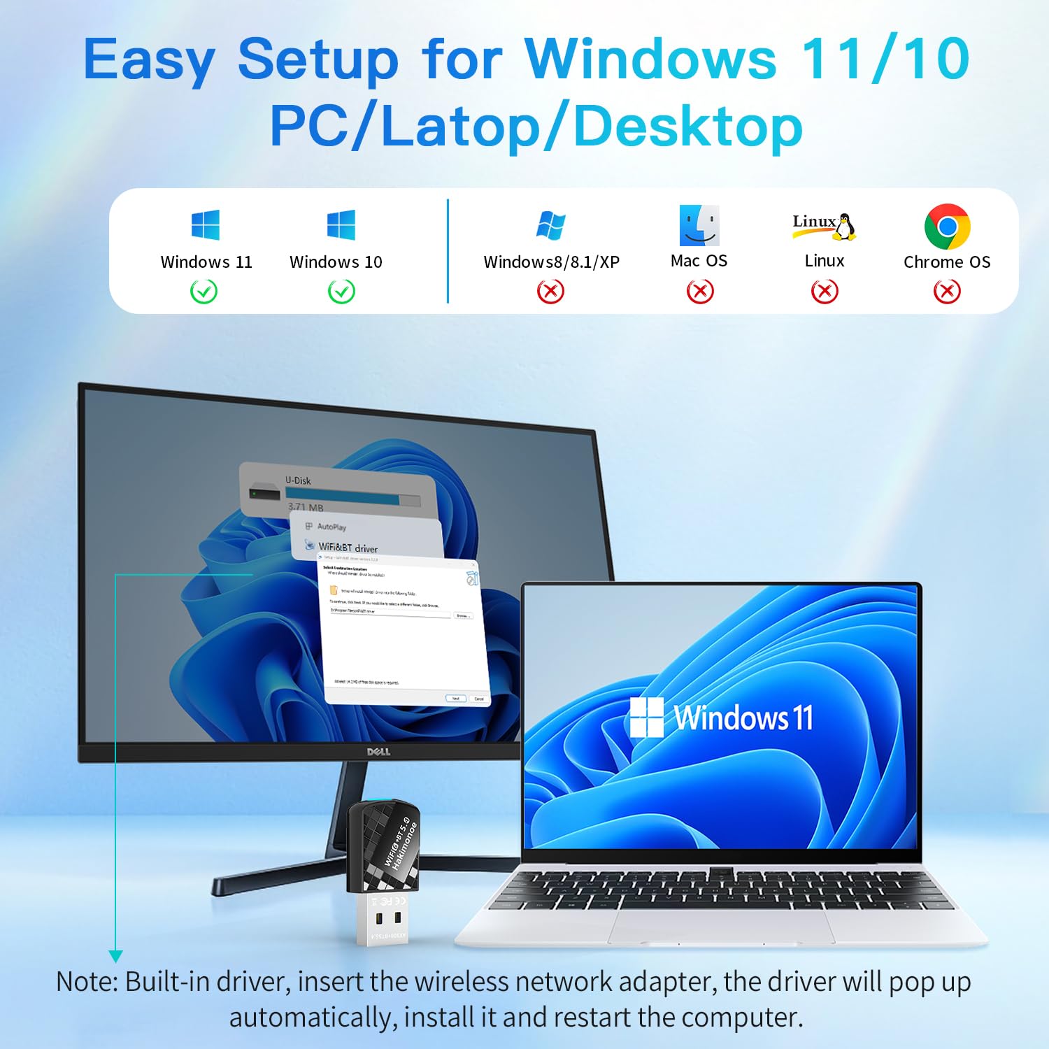 Adaptador Bluetooth 2 en 1 USB AX900Mbps WiFi 6 para PC, último Bluetooth 5.4 Wi-Fi 2.4G/5GHz Dual Band Wireless Network Dongle para Windows 11 10 Laptop Desktop, Plug n Play con controlador