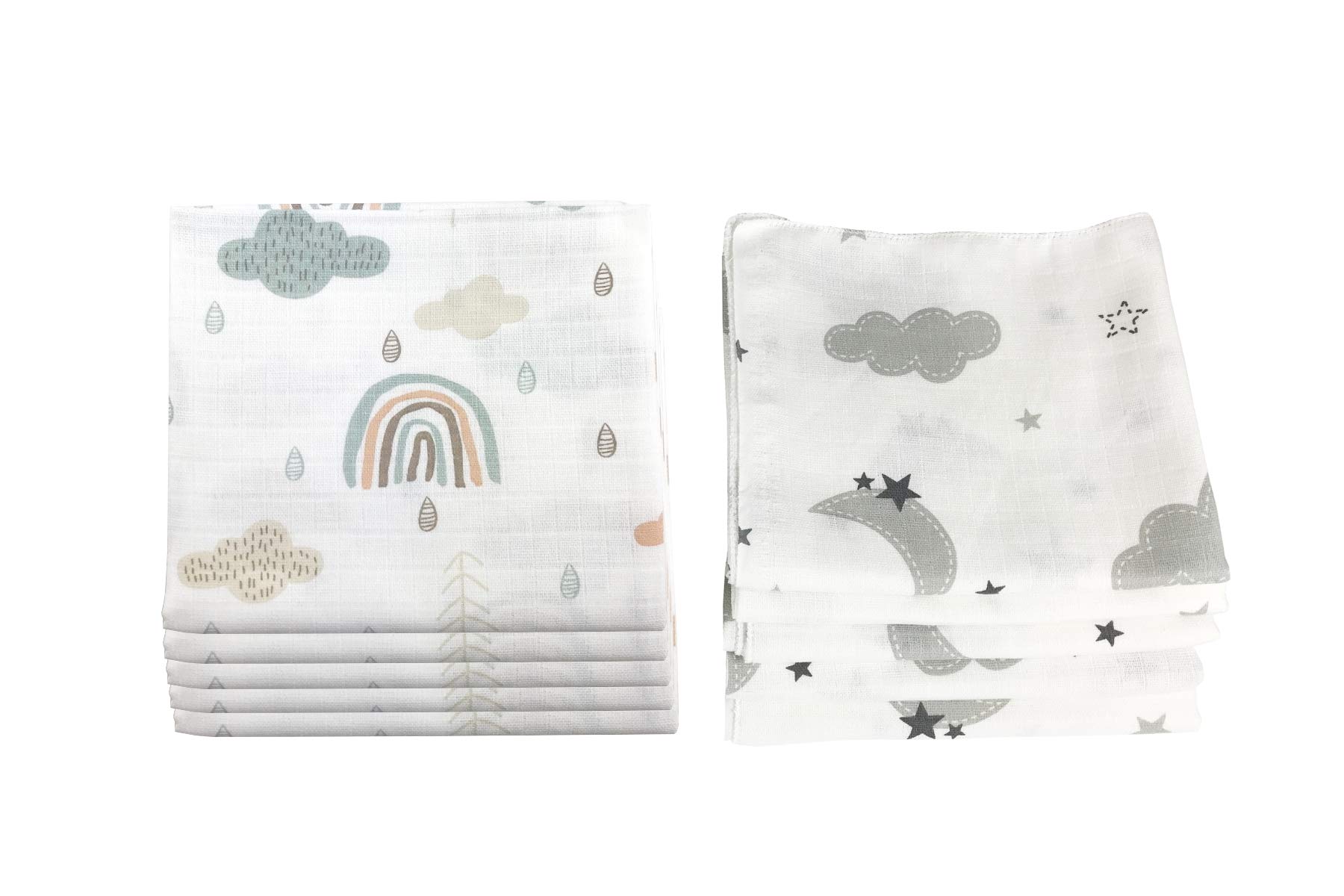 MMC 10x burp cloths muslin diapers baby cotton 80x70 cm, Clouds (5 Grey, 5 Green), 10 pieces (1 pack) - Image 2
