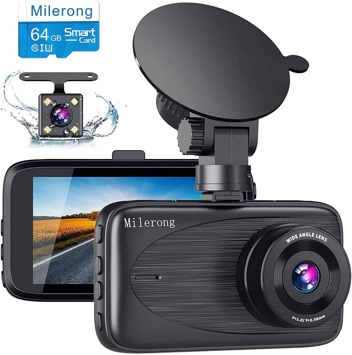 Milerong Dash Cam Front and Rear With 64GB Card, 1080P FHD Camera, 3" IPS Screen, Night Vision, G-Sensor, Loop Recording, Parking Monitor for Cars A25+64Card