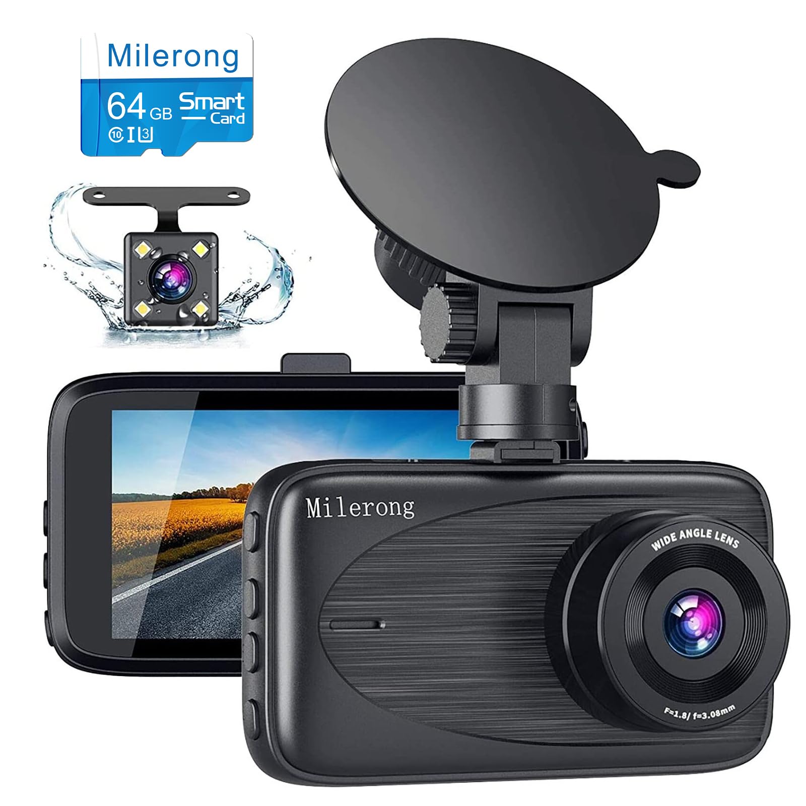 Milerong Dash Cam with 32GB Cards, Dash Cam Front and Rear with Night Vision, Mini 1080P FHD Dash Camera for Cars, G-Sensor, Loop Recording, Parking