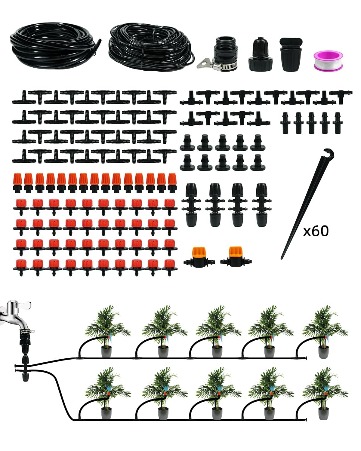 Ferrisland Drip Irrigation Kit System, 164FT Automatic Garden Watering System Kit with Adjustable Emitters, Sprinkler, Stakes and Tubing, Irrigation System for Garden Planted Flower Beds Potted Plants