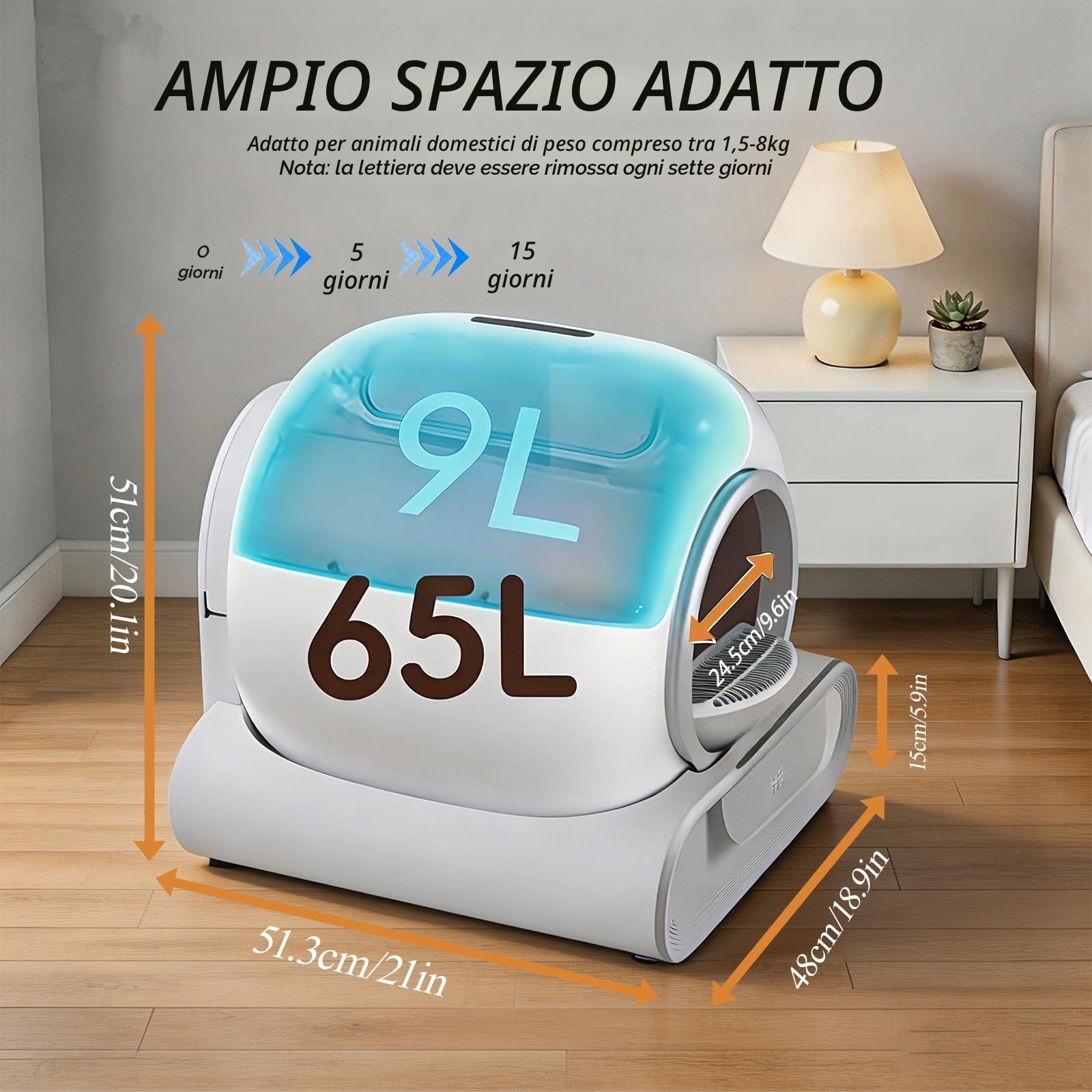 Lettiera Gatti Autopulente Wifi 74L Sensori di Sicurezza con App | 6 Sacchetti per Rifiuti 2 Filtri 1 Tappetino per Più Gatti