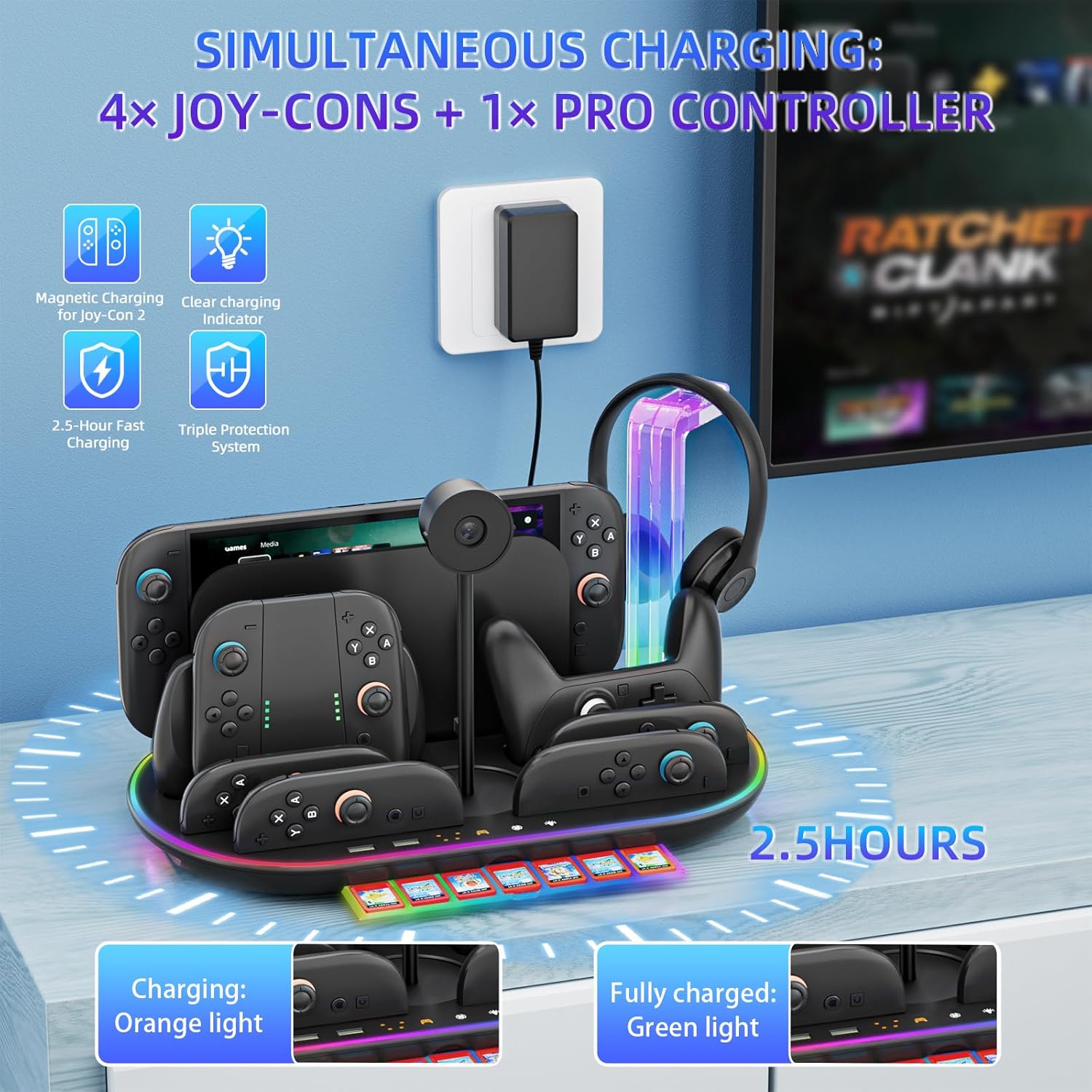 Charging Station for Switch 2 with Cooling Fan DOBEWINGDELOU Controller Charger for JoyCons and Pro Dock Stand with RGB Light 2 USB Ports 7 Game Card Slots LED Indicators - Image 2