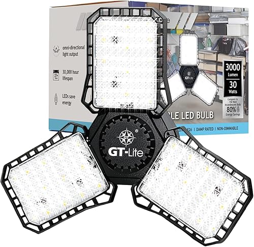 GT-Lite Luz LED de garaje de 3000 lúmenes, equivalente a 300 vatios, bombilla ajustable de 3 paneles, equivalente a 150 W, luz diurna de 5000 K, E26