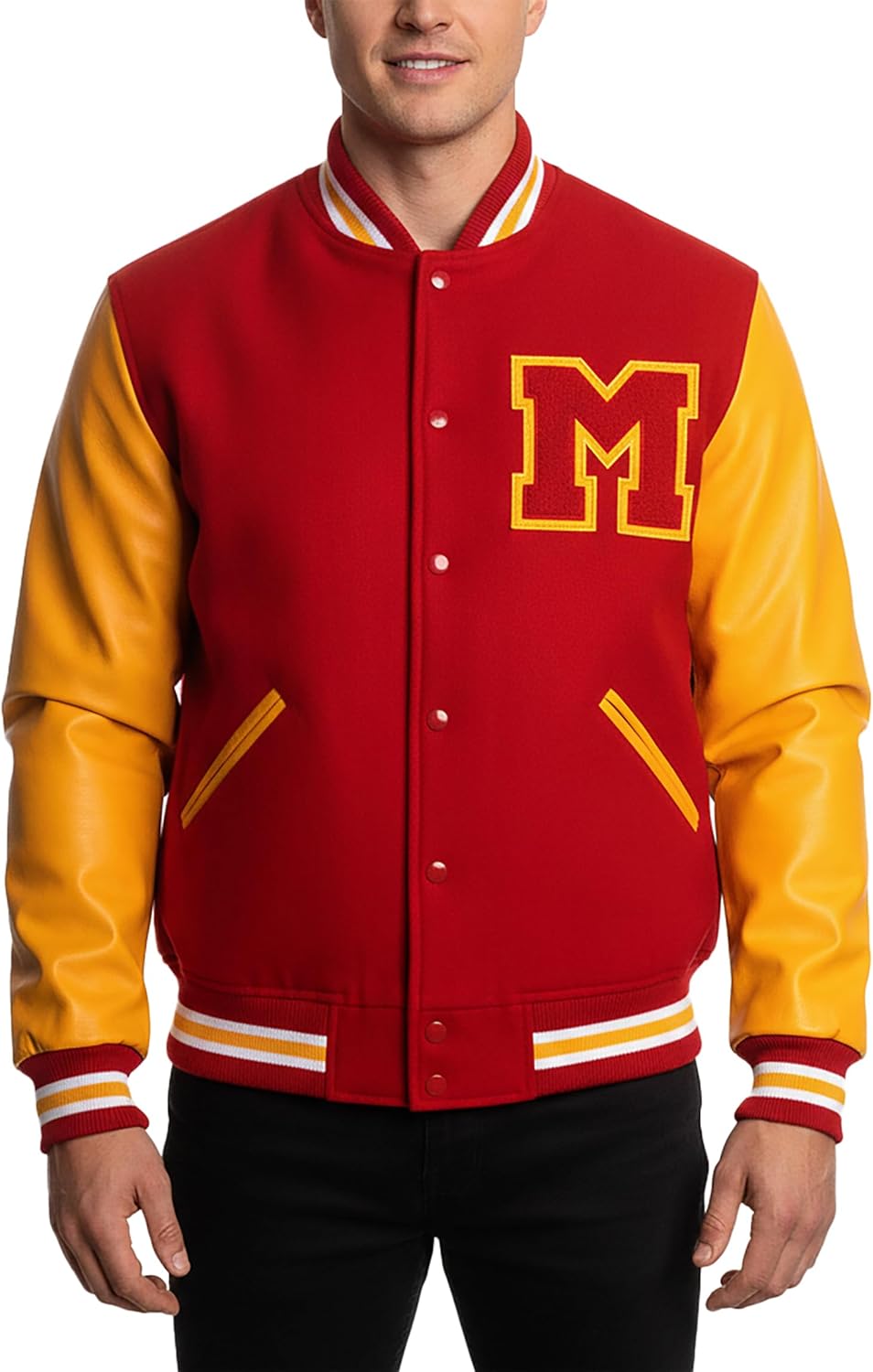 Mens Red & Yellow M Logo Varsity Letterman Baseball Bomber Jacket