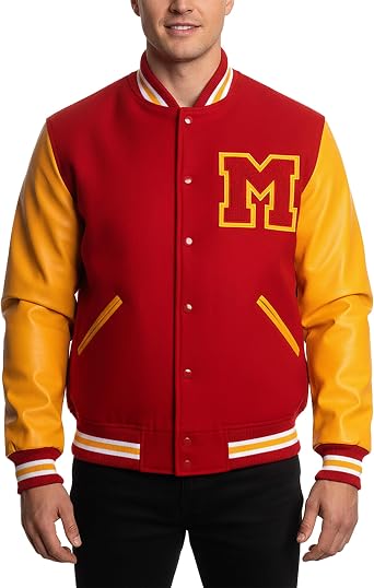 Mens Red & Yellow M Logo Varsity Letterman Baseball Bomber Jacket