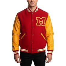 Mens Red & Yellow M Logo Varsity Letterman Baseball Bomber Jacket