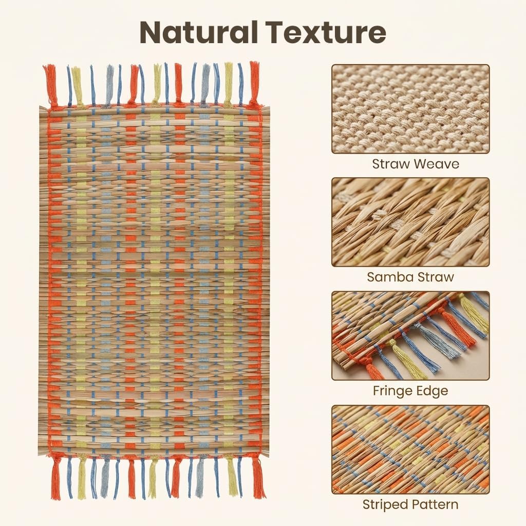 LFH Home Handmade Natural Woven Dining Mats Set Placemats Set of 6 Farmhouse Table Décor Rustic Placemats with Fringe for Dining Table Kitchen Family Gathering Party -13x19 Inch-Orange Yellow Stripes