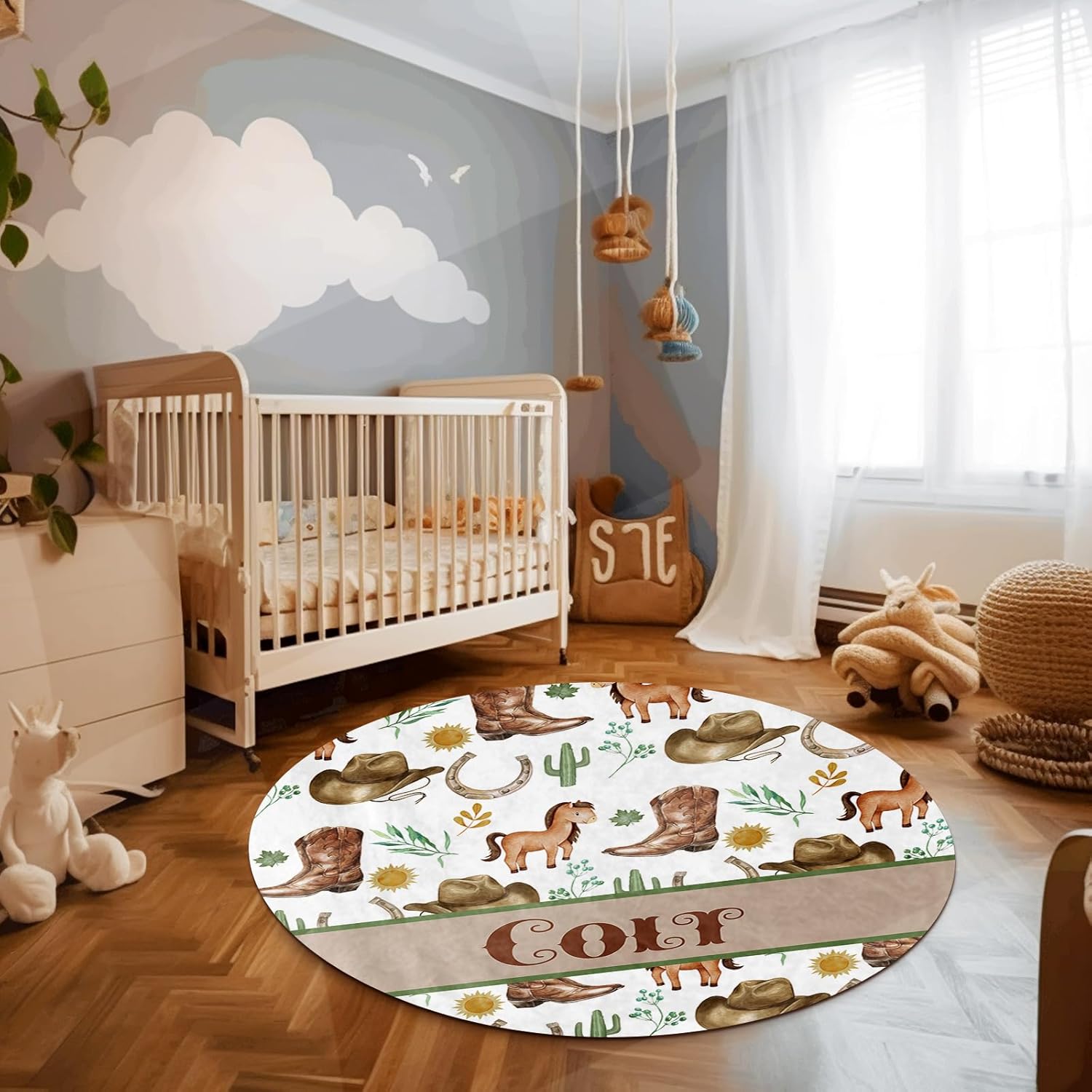 Custom Name Baby Rug - Nursery Mat for Baby Boys & Girls - Tummy Time & Crawling Mat - Round Rugs Fitting Nursery & Bedroom - Cowboy (47.24"X47.24")