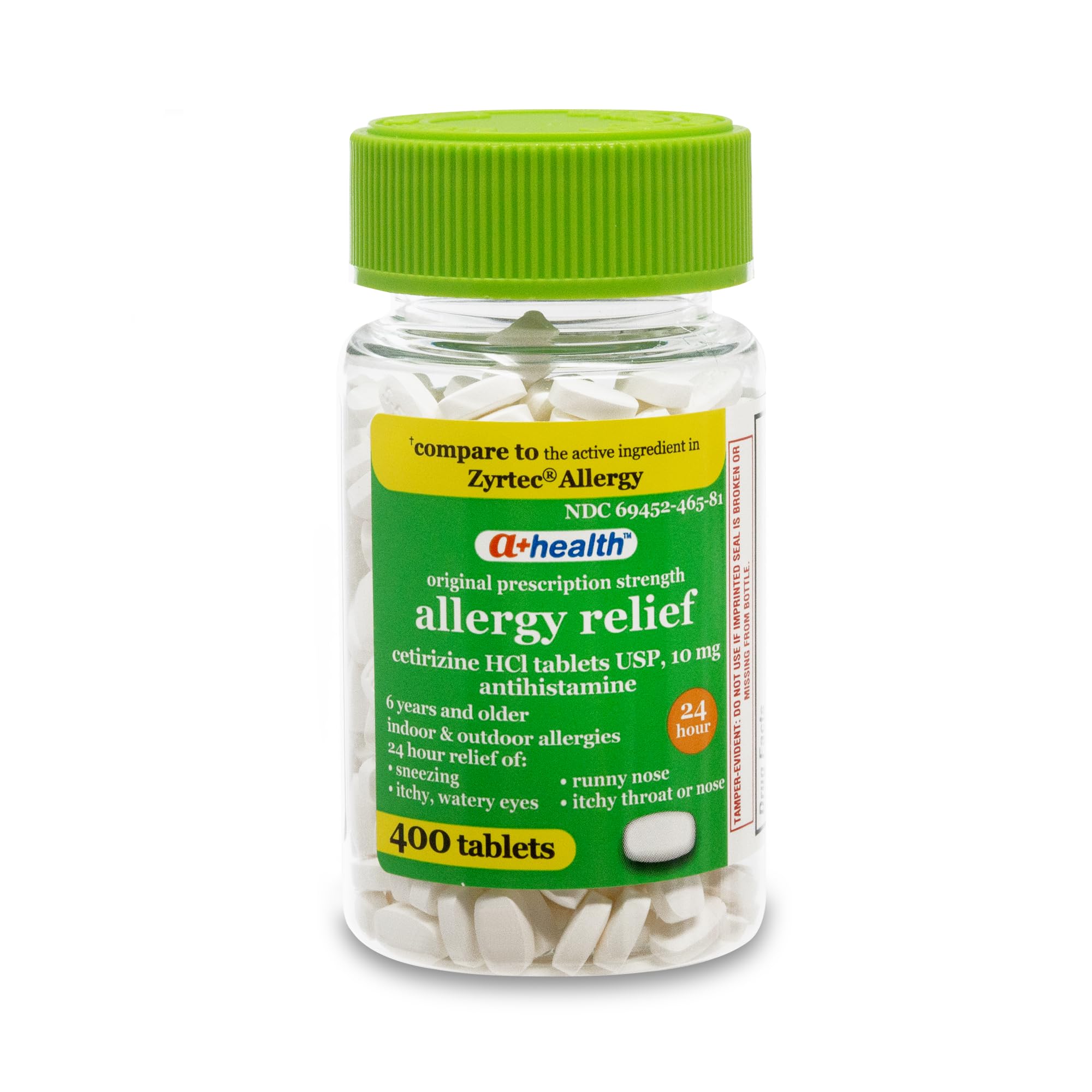 A+Health Cetirizine HCl 10mg Δισκία, Αλλεργία 24 ωρών, Αντιισταμινικό, Αλλεργίες εσωτερικού & εξωτερικού χώρου, Ανακούφιση από το φτάρνισμα, Λαρύγγι Ίτσι, Βαθύ Μάτι, 400 Count
