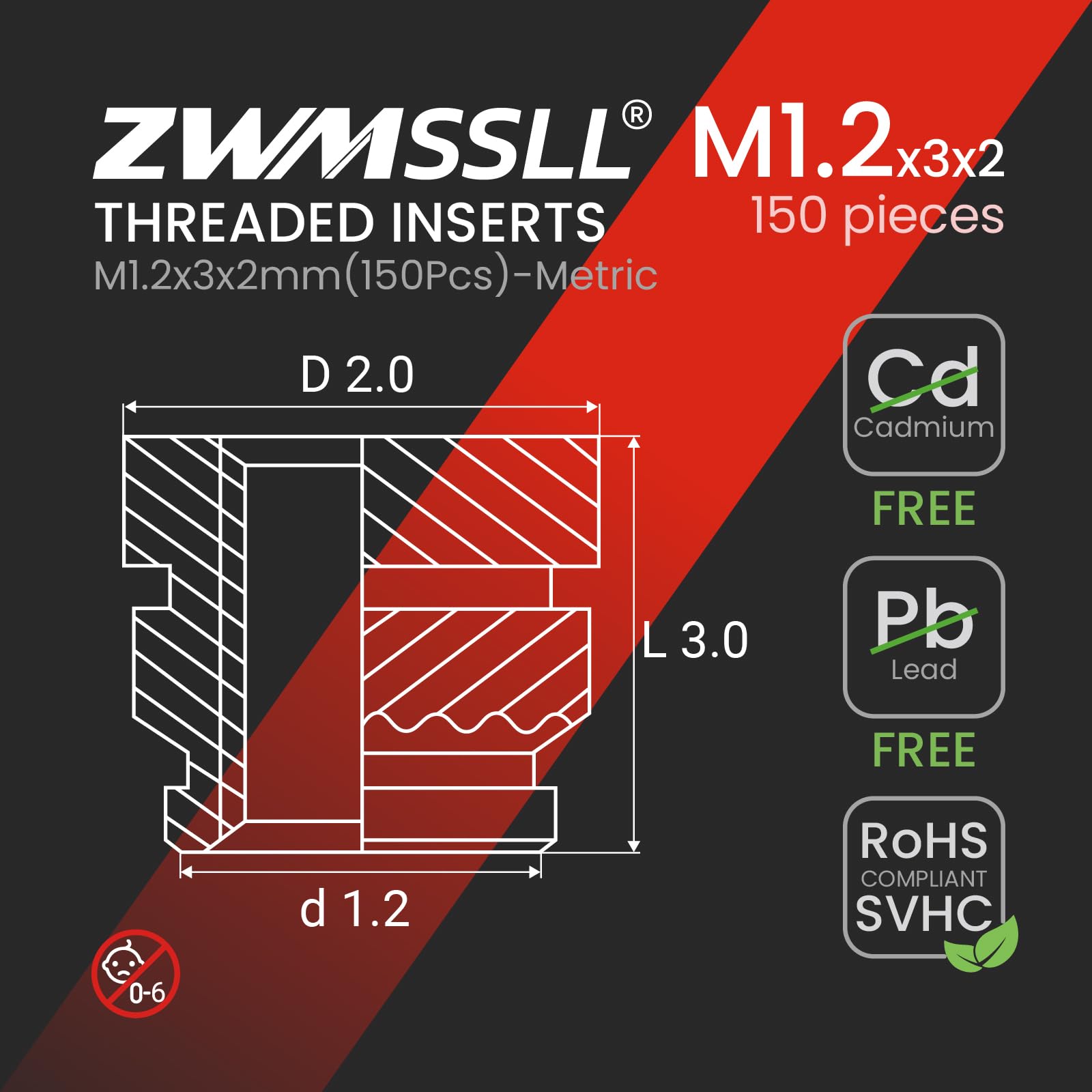Inserti filettati termofissati M1.2, M1,2 x 3 x 2 mm (150 pezzi) per componenti di stampa 3D e parti in plastica, dadi zigrinati metrici in ottone