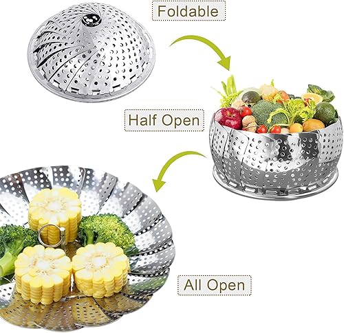 Miniatura 3 de Cesta de vapor, utensilios de cocina plegables de acero inoxidable, tamaños ajustables para adaptarse a varias ollas (5.1 a 9 pulgadas)
