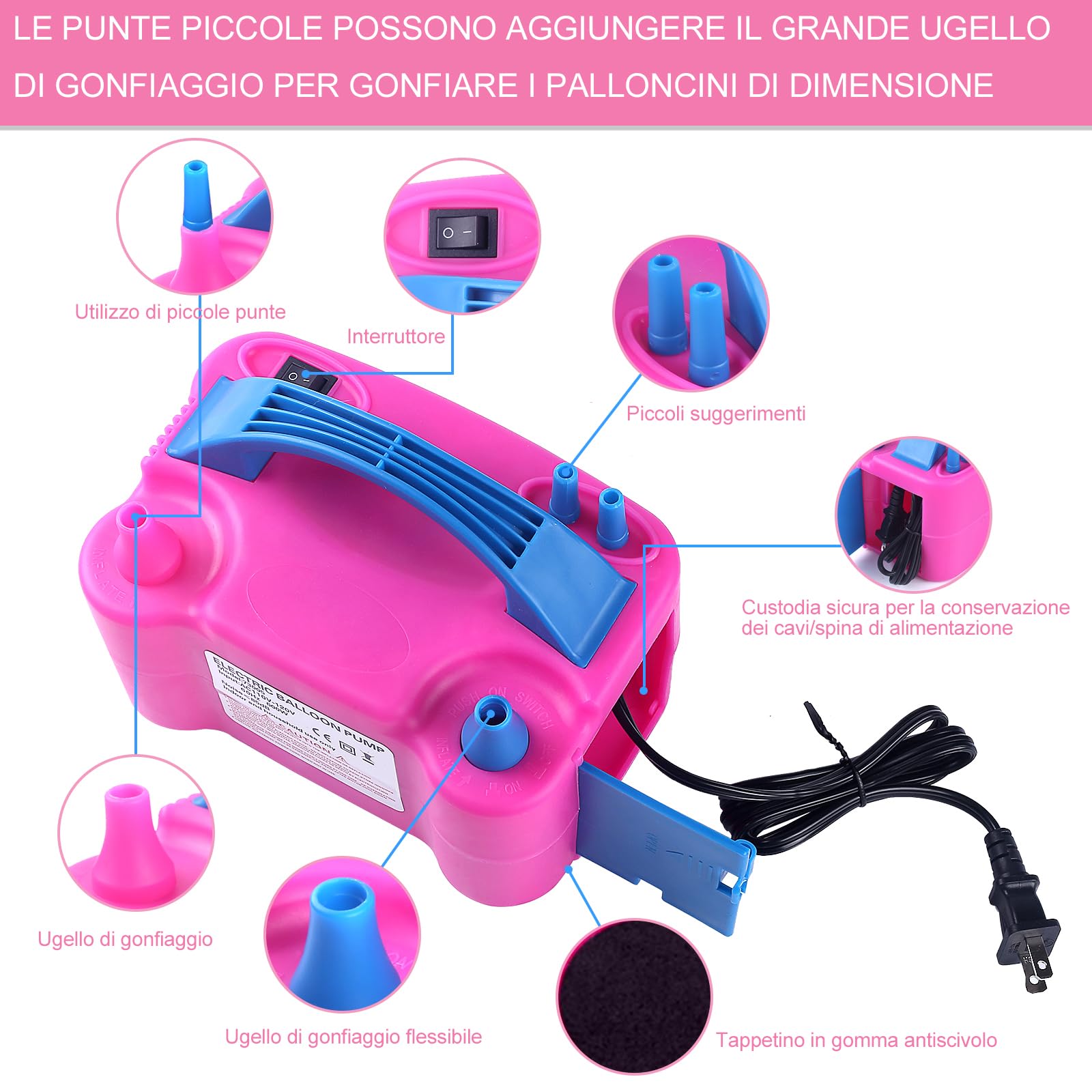Pompa per Palloncini Elettrica, 220V 600W gonfiatore pompa per palloncini, Doppio ugello gonfiatore pompa portatile per feste, Matrimoni compleanno decorazione