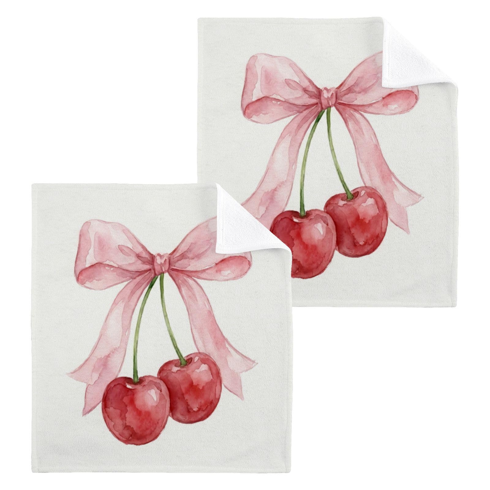 BOESI Watercolor Cherry Bow 12x12in Cotton Washcloth,Face Towel