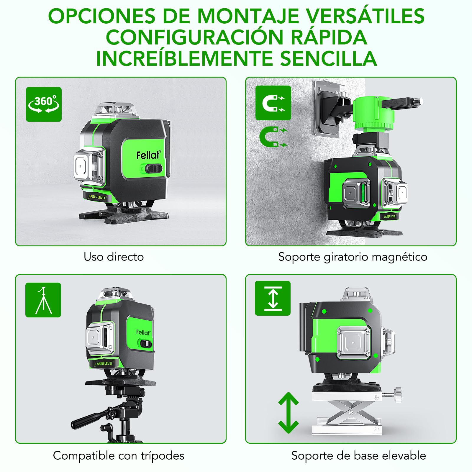 Nivel Láser, FELLAT 4x360° Nivel Laser Autonivelante, 16 Líneas, 2 x 360°Horizontal y 2 x 360°Verticales, 2 x 4000mAh Batería Recargable, Soporte Giratorio, para Diseño de Mejoras de Hogar