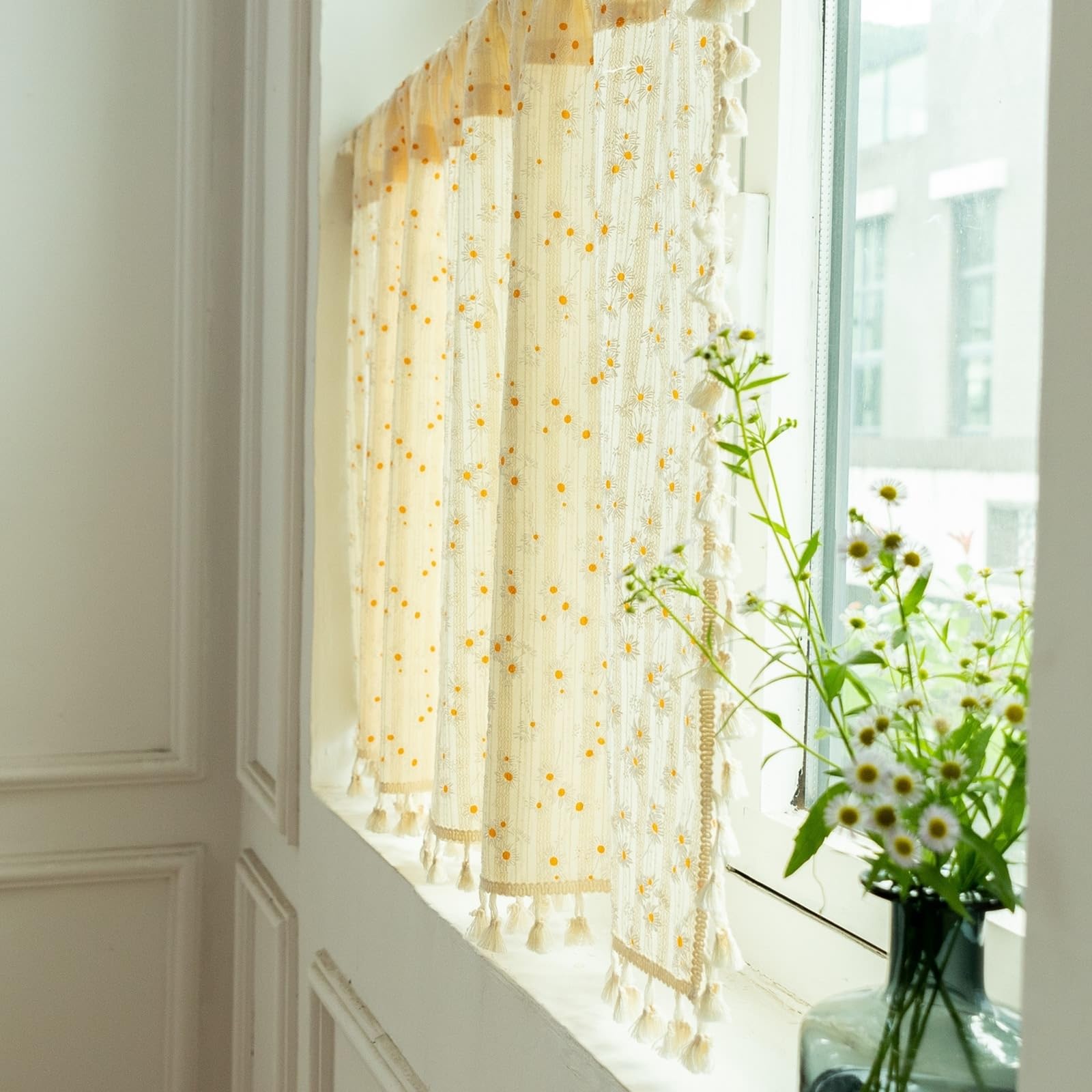 Wycian Tenda Oscurante Beige Piccola Tenda Giallo 1 Tende Cotone Fiori Pompon 140L X 80H Cm Elegante Premium Aggiornamento 3.0