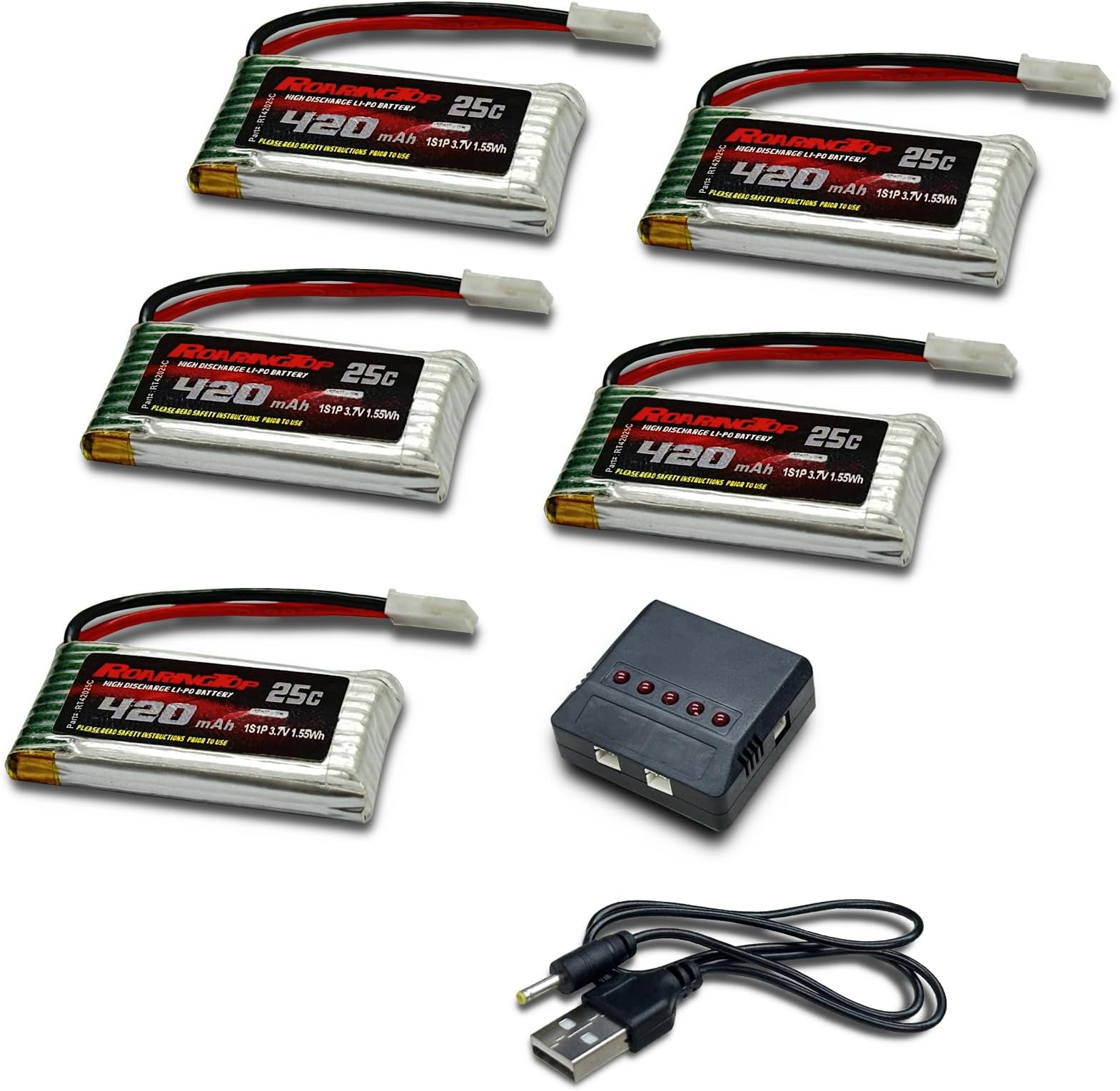 RoaringTop 1S 420mah 3.7V 25C lipo-Battery with MOLEX plus with 5 in1 Charger for Quadcopter Helicopter Drone Quadcopter FPV and RC Shark Boats,RC Electric Shark Dinosaur