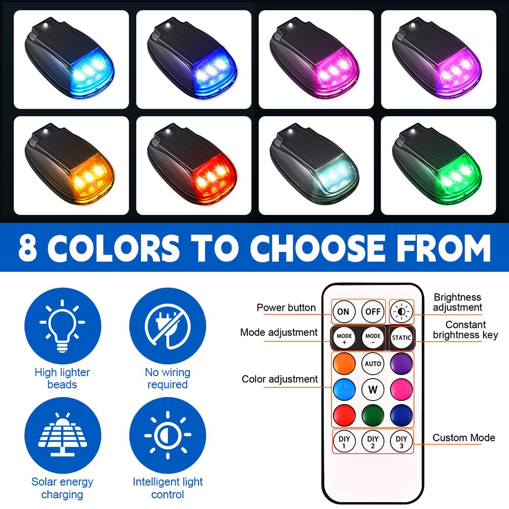 Luce stroboscopica impermeabile RGB a energia solare, senza fili, con sensore di movimento e vibrazione, luce stroboscopica a LED ad alta luminosità, per moto, auto e camion
