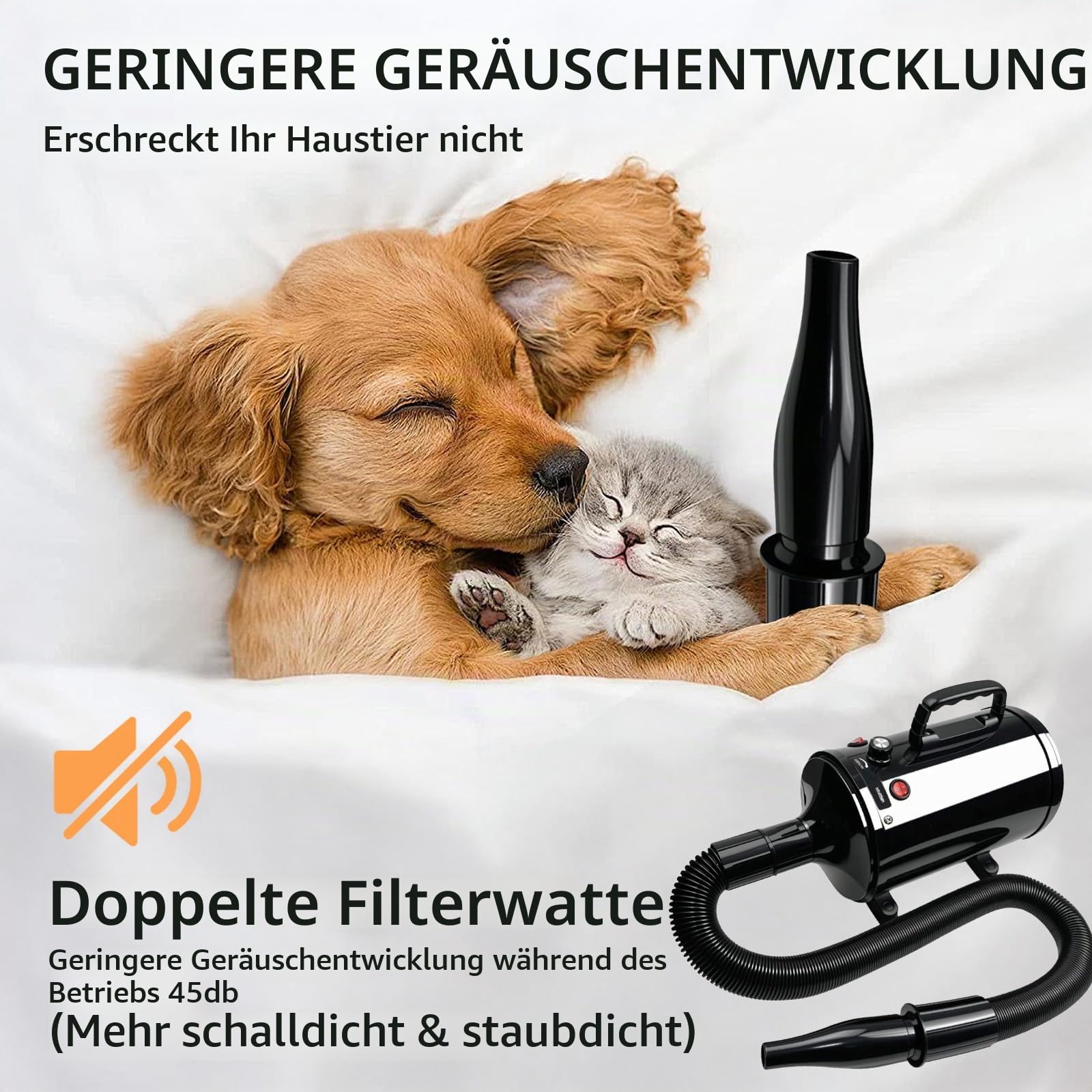 3200W Hundefön Blower Sehr Leise - Pet Dryer Hundetrockner Blower mit Einstellbarer Windgeschwindigkeit und Temperaturen, 4 Verschiedenen Düsen Elastischem Schlauch und Pflegebürst