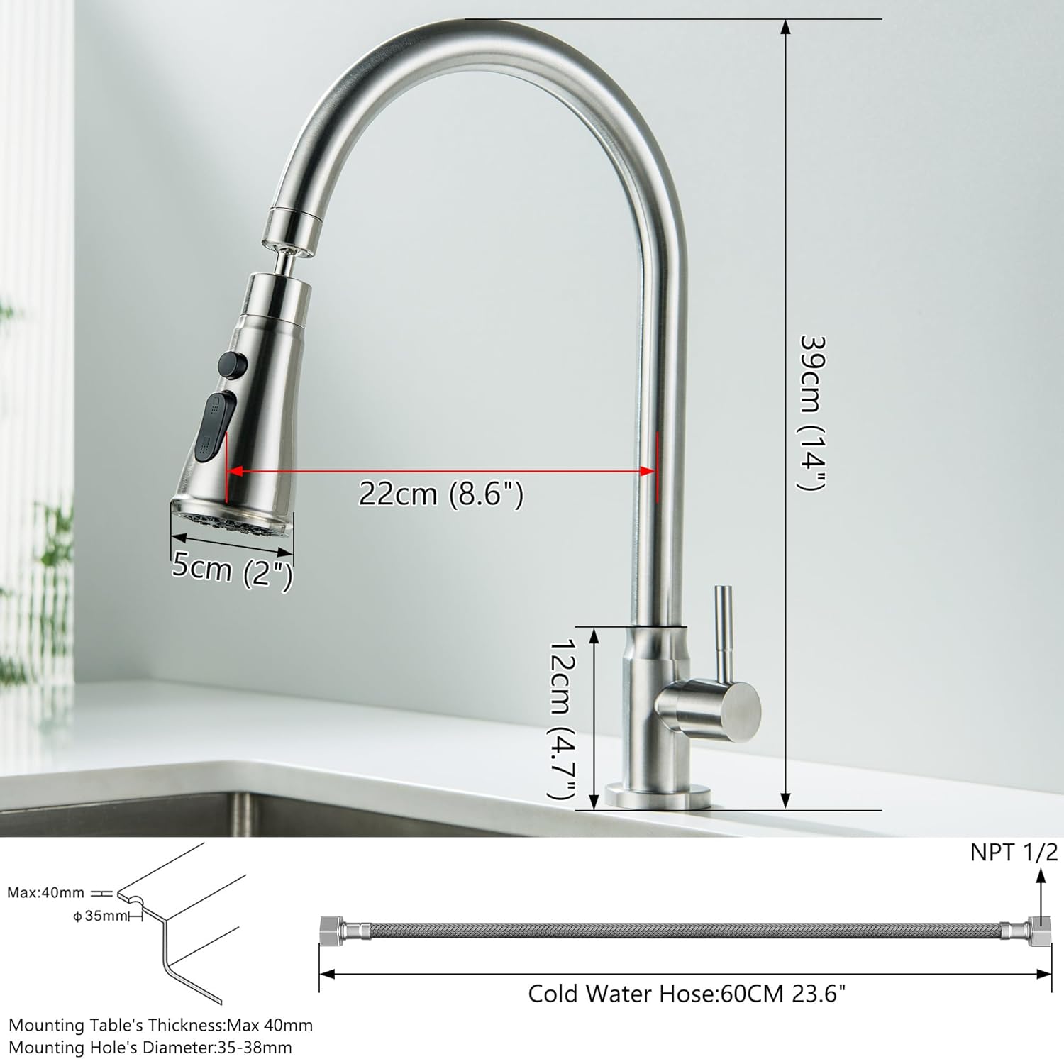 Cold Water Only Kitchen Faucet, 304 Stainless Steel Cold Only Bar Sink Faucet with 3 Mode Sprayer Single Hole for Outdoor Sink Faucet, Brushed Nickel