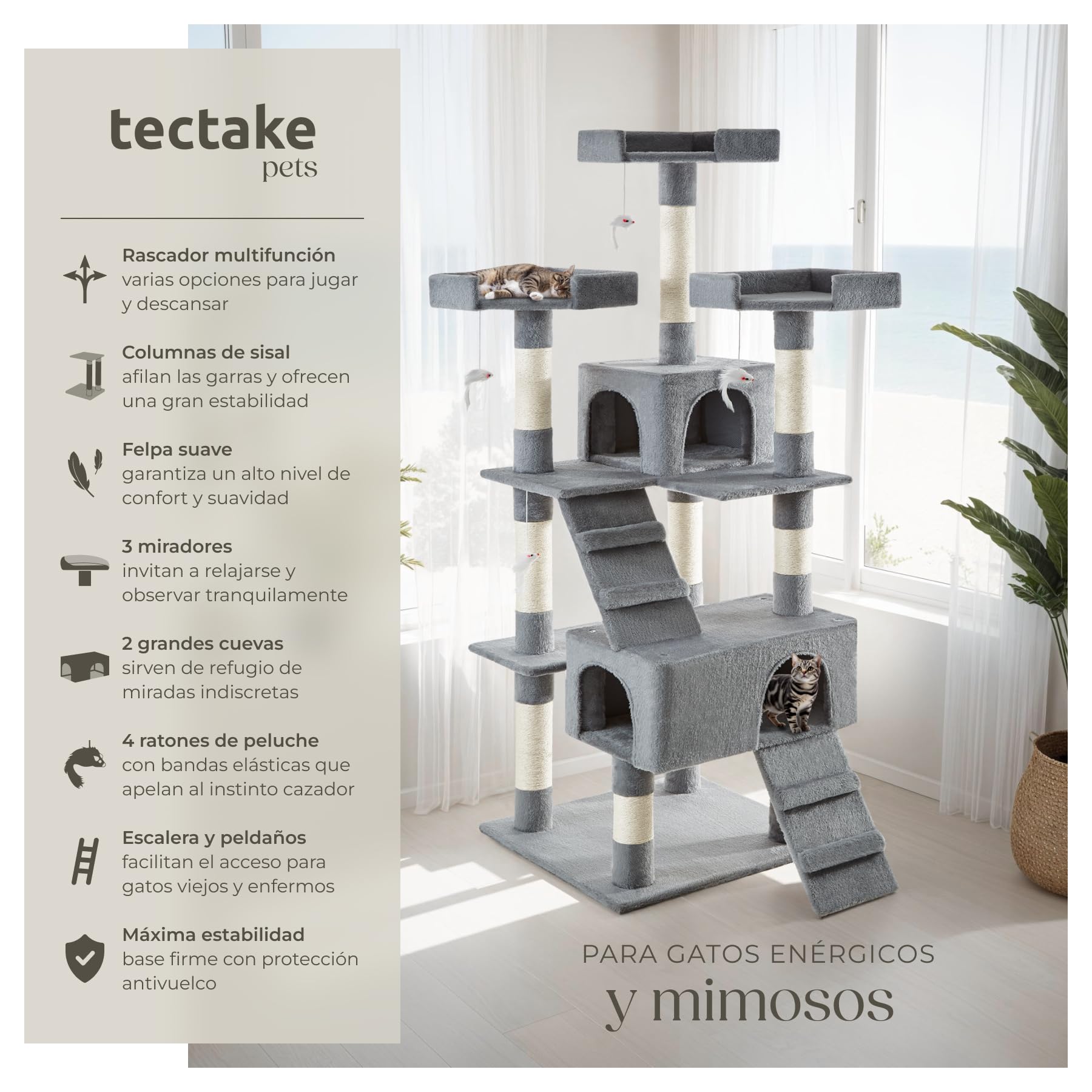 TecTake® Árbol para gatos Rascador para gatos de sisal H170 cm, Juegos para gatos Apartamento Accesorio Rascador Nido Cama Cesta Cama para gatos Juego de ratón Escalera
