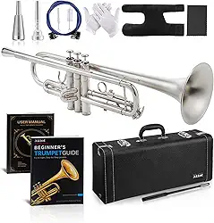 AKLOT Trompete Bb Ponderado Leadpite: Pistões de níquel galvanizado, prata fosca escovada, protetor de dedo de couro, bocais de trompete ponderados e padrão, estojo de couro elegante, livro de lições