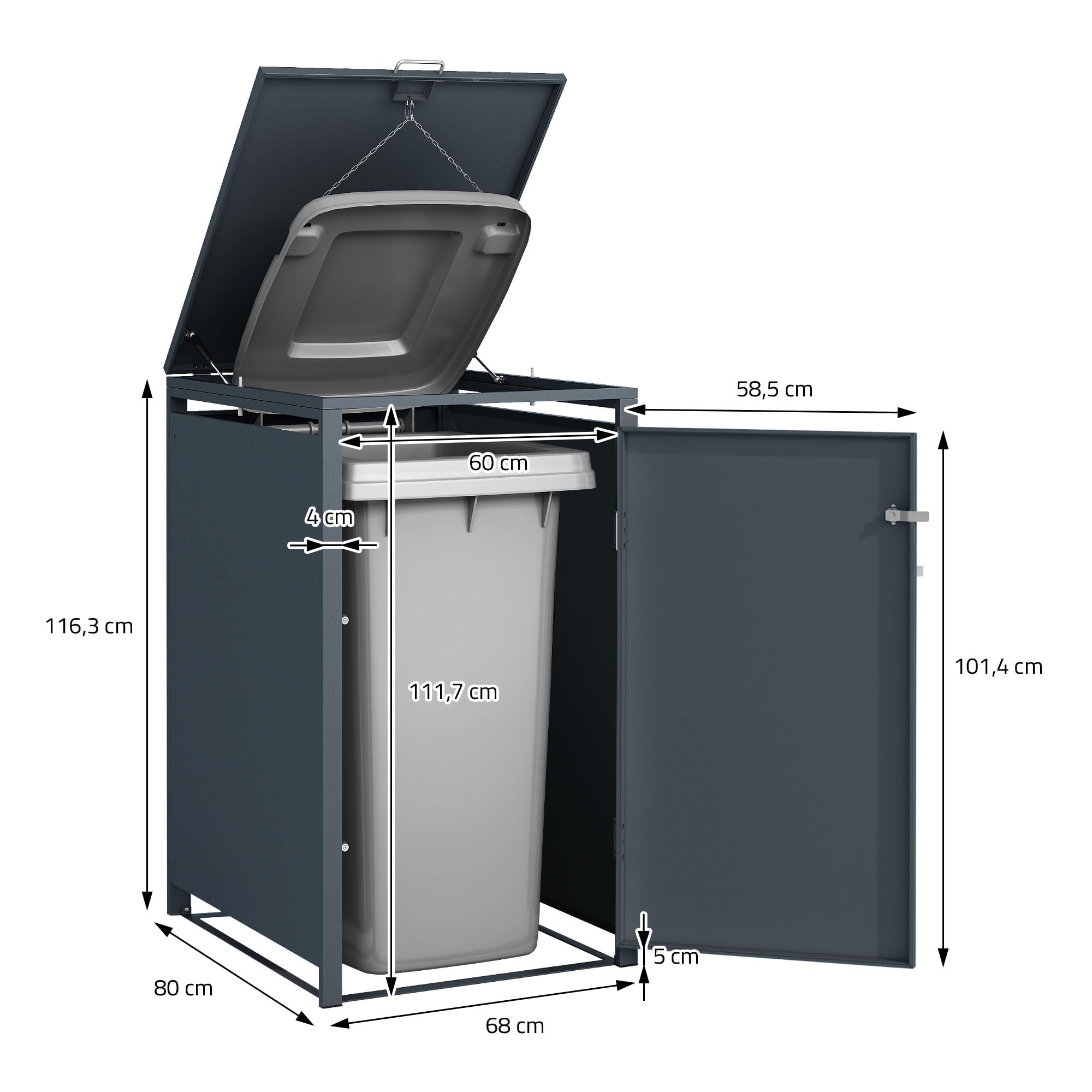 ML-Design Cobertizo de Exterior para 1 Cubo de Basura de 240L 68x80x116,3cm Antracita con Aspecto de Madera de Alerce Mueble Cubre-Contenedor de Acero Resistente con Tapa y Puerta con Cerradura