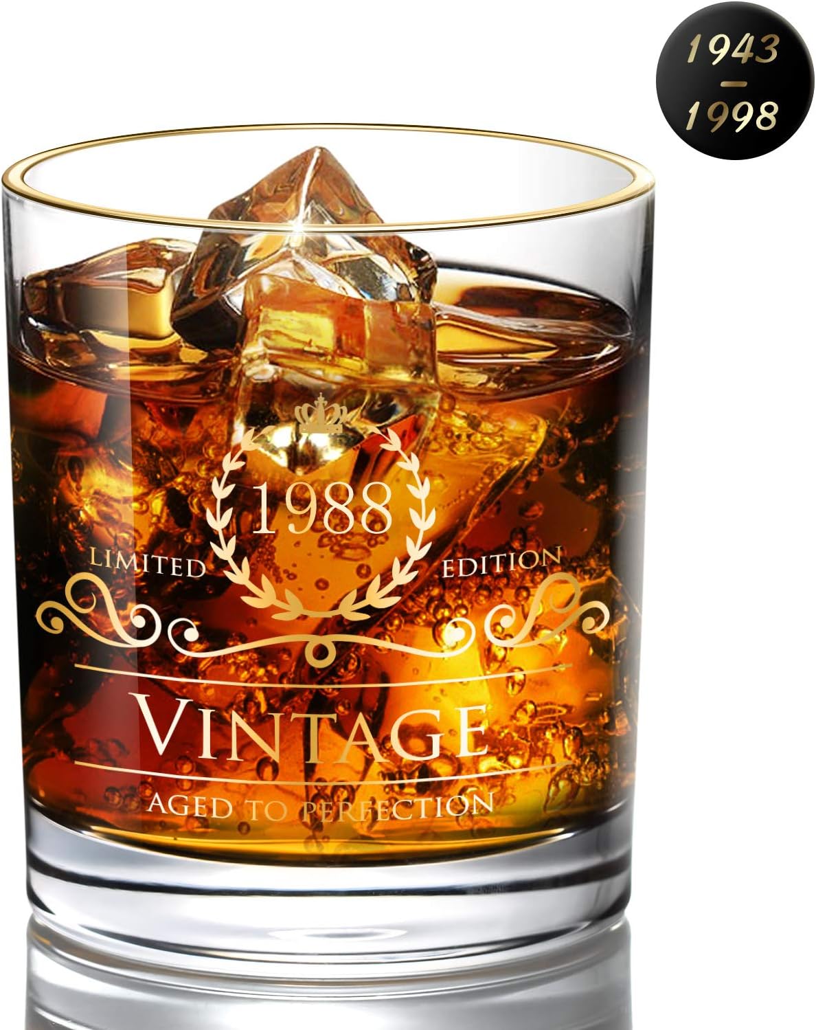 1988 32th Birthday/Anniversary Gift for Men/Dad/Son, Vintage Unfading 24K Gold Hand Crafted Old Fashioned Whiskey Glasses, Perfect for Gift and Home Use - 10 oz Bourbon Scotch, Party Decorations