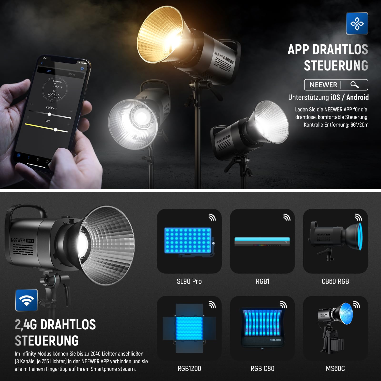 NEEWER 70W LED Videoleuchte, 2,4G und APP Steuerung, zweifarbig 2700K-6500K Videolicht, 34000 Lux/1m, CRI97+/12 Szenen/Bowens COB Dauerlicht für Studio Fotografie Videoaufnahmen und Streaming, CB60B