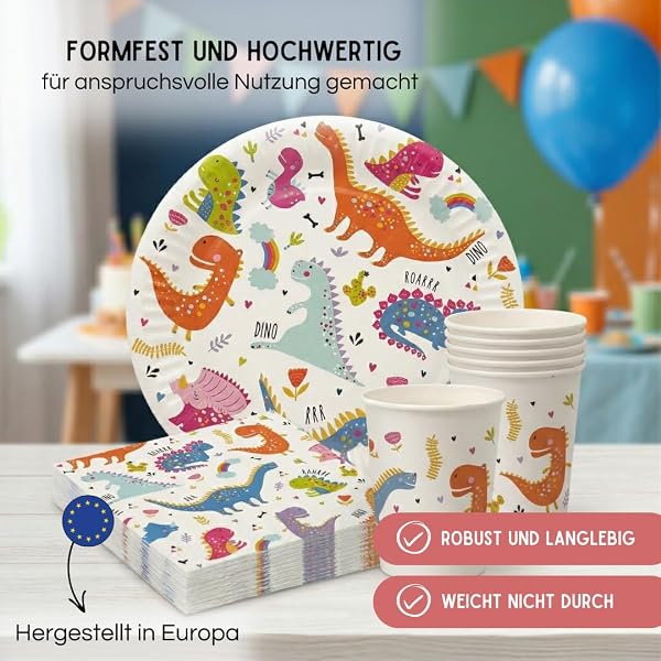 EV® Partygeschirr Set für 16 Kinder – Bunte Dinos – Stilvolle Dino Geburtstag Deko für Kindergeburtstag - mit Pappteller, Becher & Servietten – Dinosaurier Party Deko Set - 4