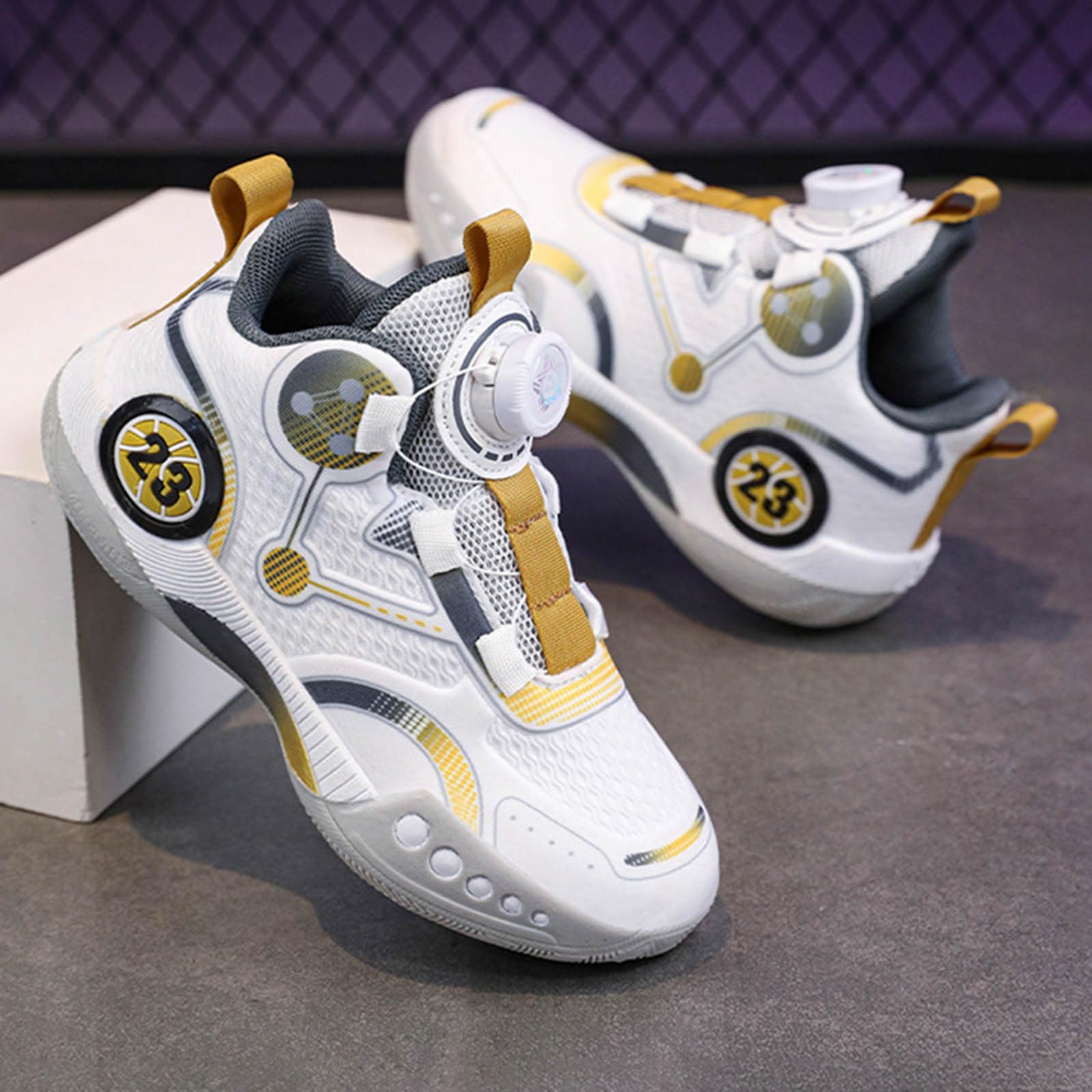 Youth 2024 - Zapatillas de baloncesto de malla para niños con botones giratorios, zapatillas deportivas para niños medianos y grandes