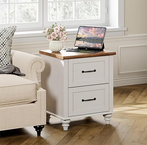 Miniatura 52 de WAMPAT Mesita de noche con estación de carga, mesa auxiliar de granja para sala de estar con 2 cajones, mesita de noche de madera natural para