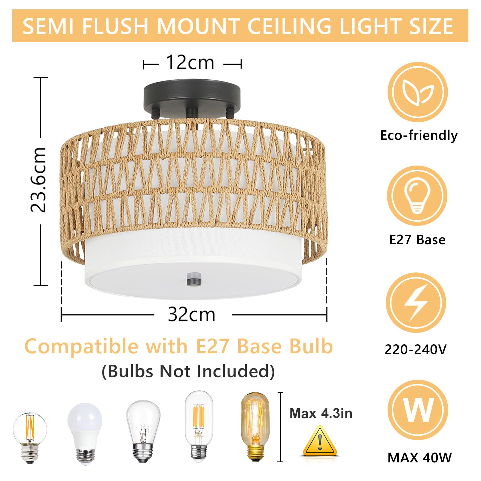 Rayofly Rattan Deckenlampe Wohnzimmer, Vintage Boho Deckenleuchte mit Leinen Lampenschirm, Semi-Flush Mount Deckenleuchte Bambus, Rustikal Hängelampe für Schlafzimmer Küche Flur Esstisch, Schwarz