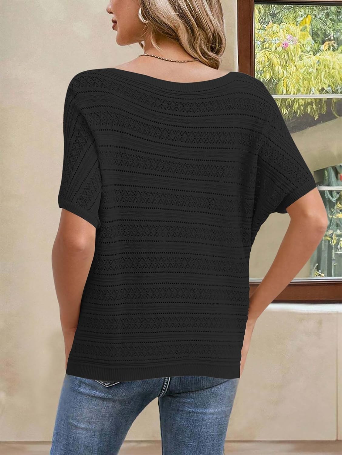 Cakulo Womens Crochet Tops Summer Short Sleeve Batwing Off The Shoulder Knit Sweater Top 2026 Black S - Image 4