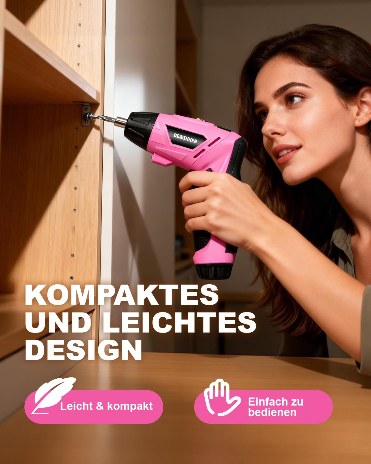 DEWINNER Destornillador Eléctrico Rosa 3N.m 1300mAh – Kit Taladro Destornillador Inalámbrico Recargable con Luz LED, Cable USB – Ideal para Bricolaje, Montaje de Muebles y Reparaciones Domésticas