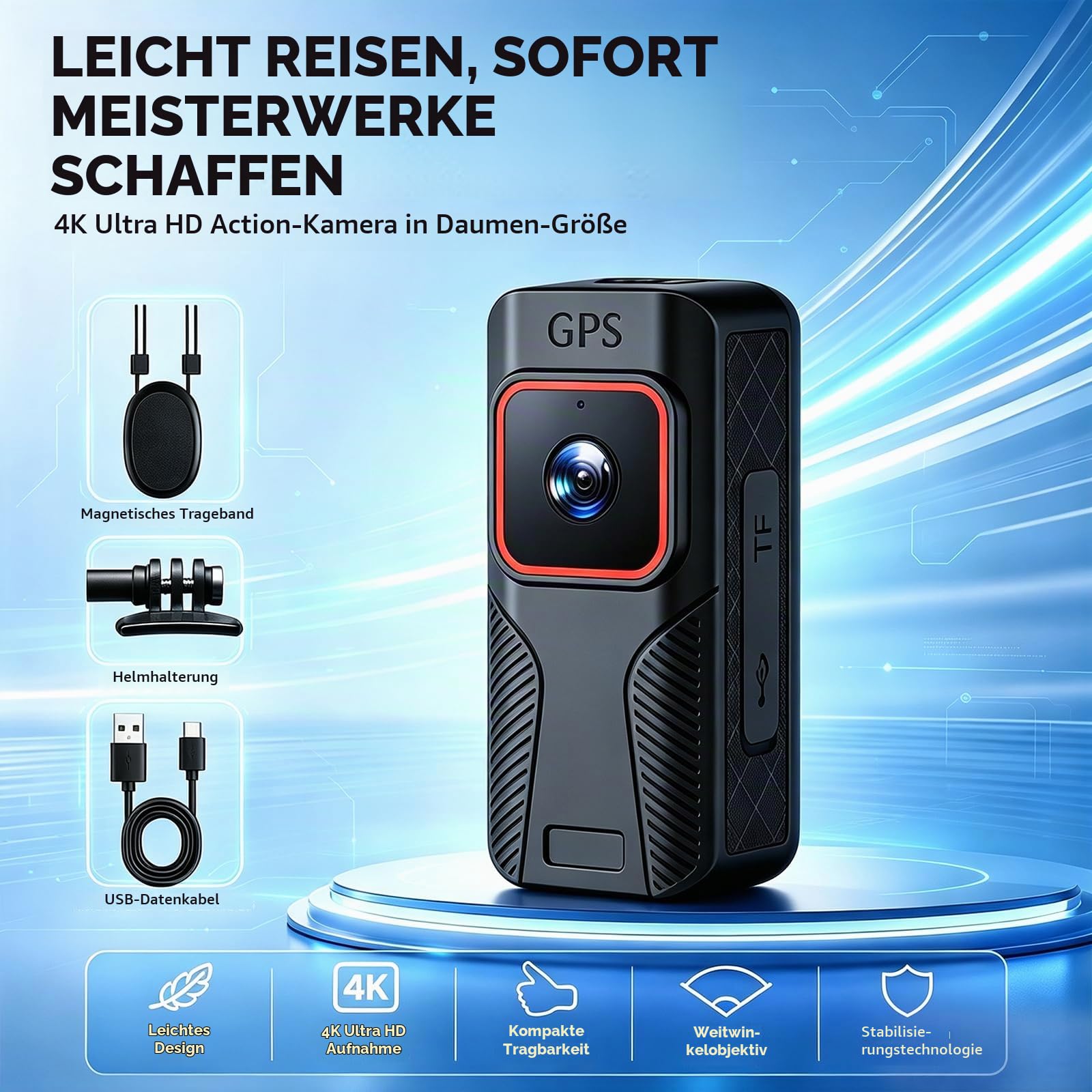 Tragbare magnetische Daumen-Action-Kamera, 4K Body Cam mit 110-Grad-Weitwinkelobjektiv und 1000-mAh-Akku für Haustier-Spaziergänge, Arbeit, Reisen, Outdoor-Aufnahmen