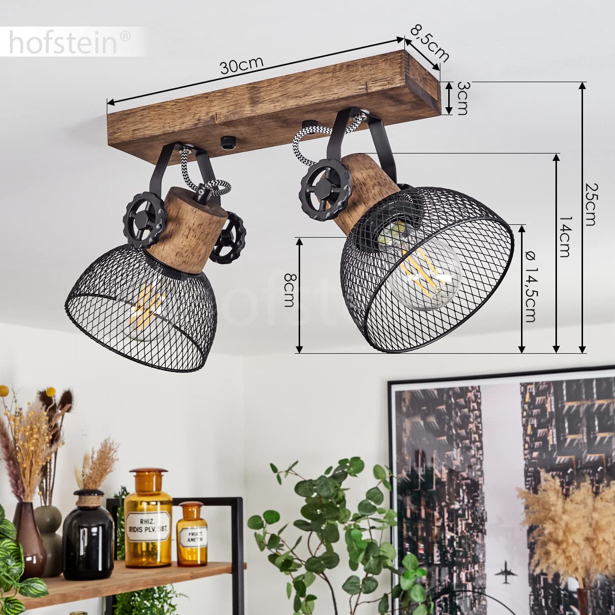 Lampa sufitowa Orny, z drewna/metalu w kolorze brązowym/czarnym z kloszami z siatki optycznej, lampa z drewnianymi belkami, przewodami z tkaniny i regulowanymi reflektorami, E27, bez żarówek