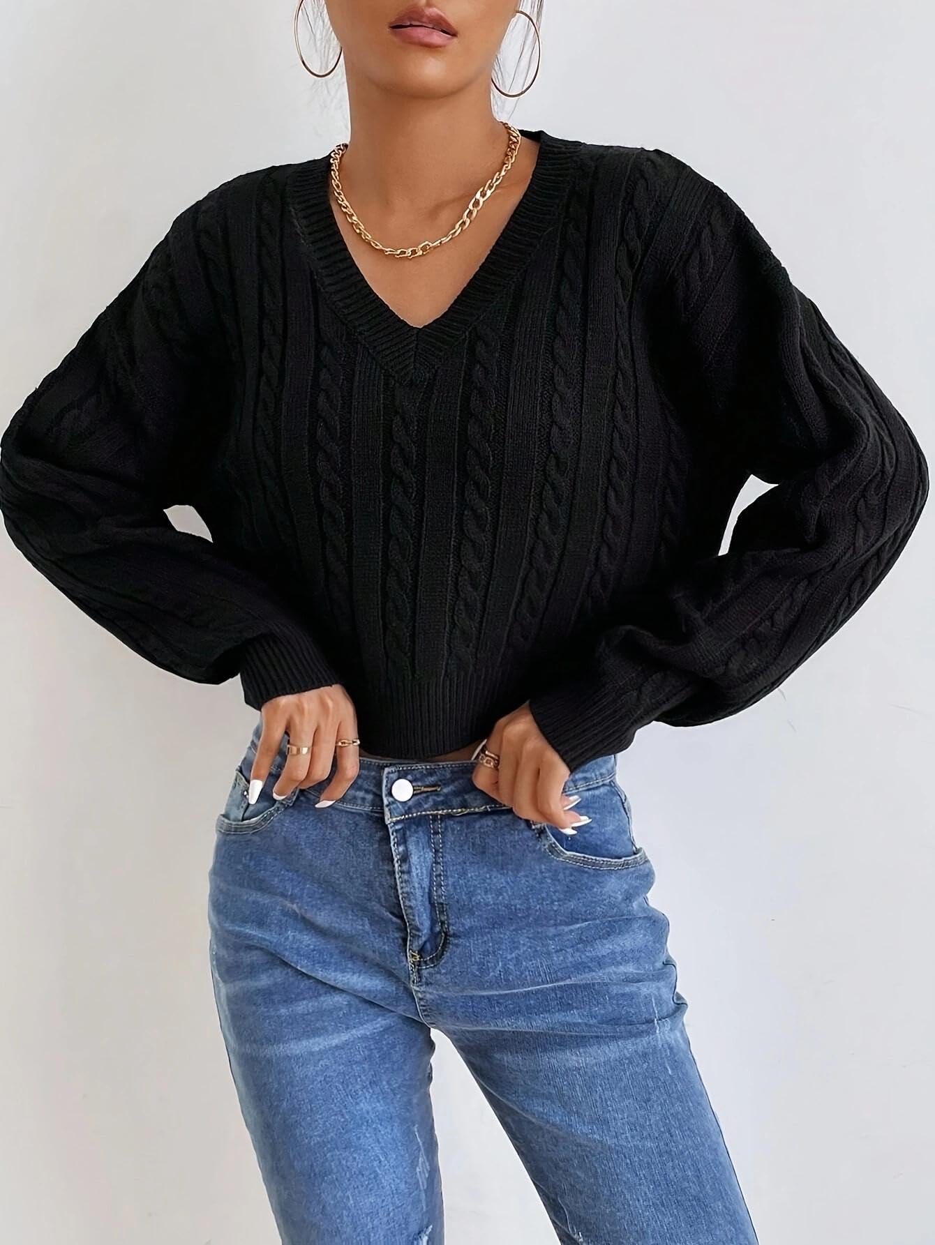 Women V-Neck Cable Knit Sweater Cropped Pullover Long Sleeve Knitted Jumper Casual Fashion