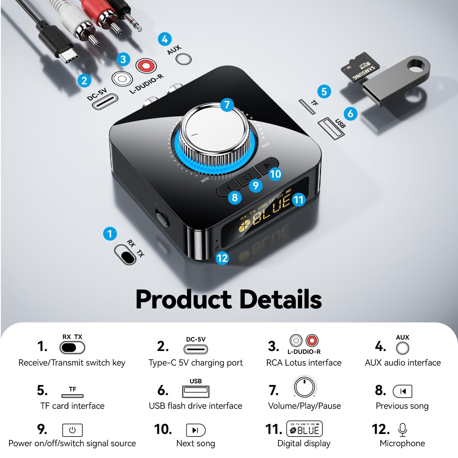 GlasFlength Adapter Bluetooth stereo, odbiornik Bluetooth 5,4 z kablem AUX 3,5 mm RCA Low Latency 49 ft, HiFi Bluetooth Audio Receiver do TV/głośnika/komputera stacjonarnego/projektorów