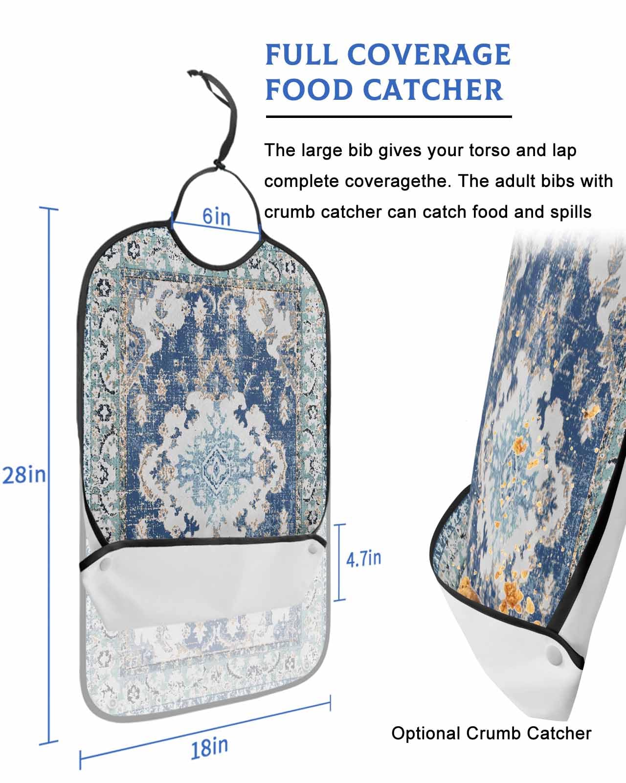 LEOKOTI Blue Boho Adult Bibs for Eating, Waterproof Bibs with Food Catcher & Adjustable Snap Closure, Southwestern Vintage Geometric Art Washable Clothing Protectors Adult Bibs for Elderly Women/Men