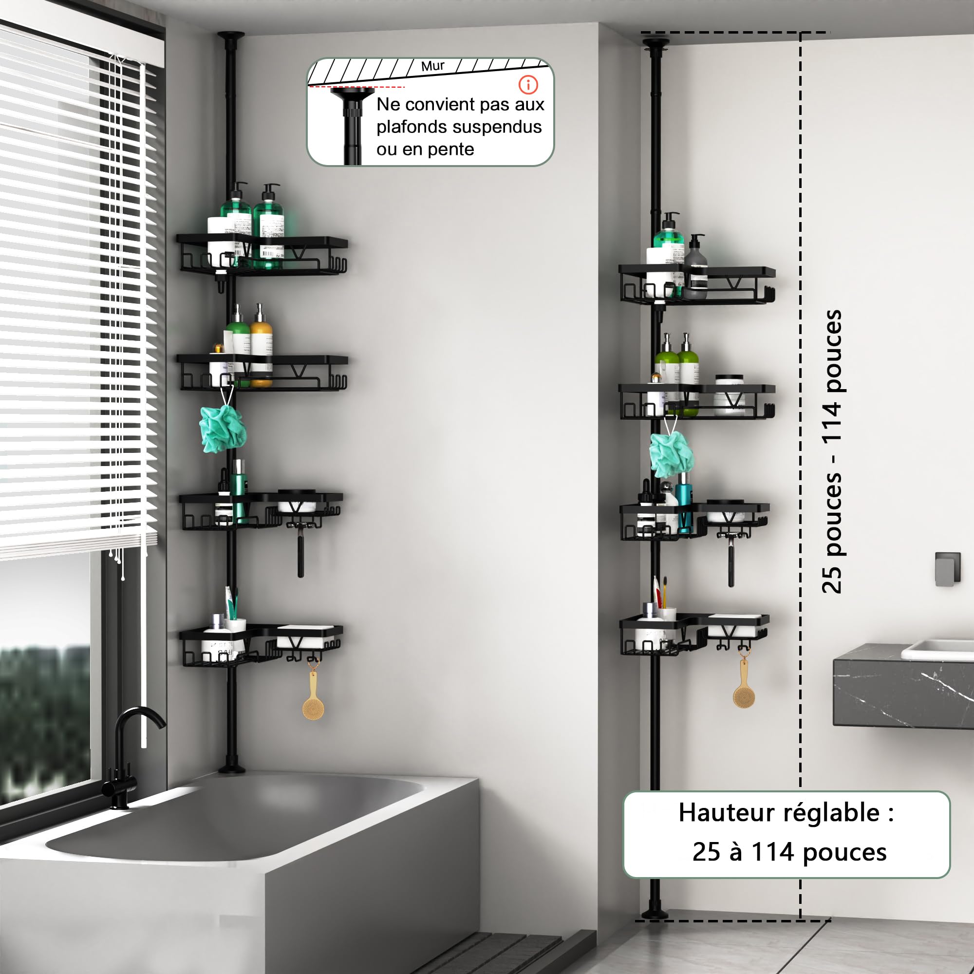 Etagere Douche,Etagere Telescopique Douche sans Percage,avec 4 paniers, étagère de Salle de Bain(Noir)