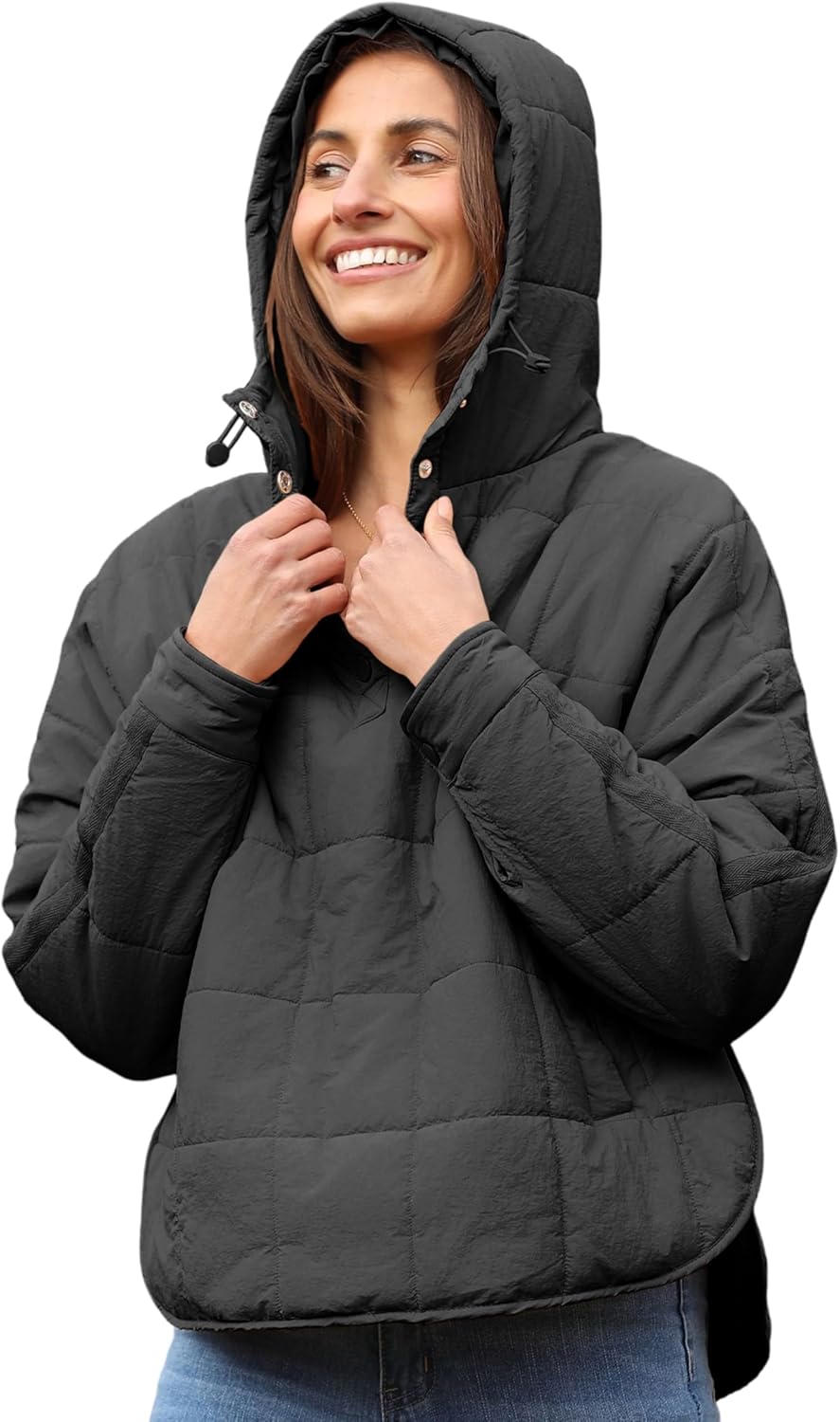QIBABU Womens Oversized Hooded Puffer Jacket Lightweight Pullover Hoodies Quilted Dolman Long Sleeve Warm Winter Coat