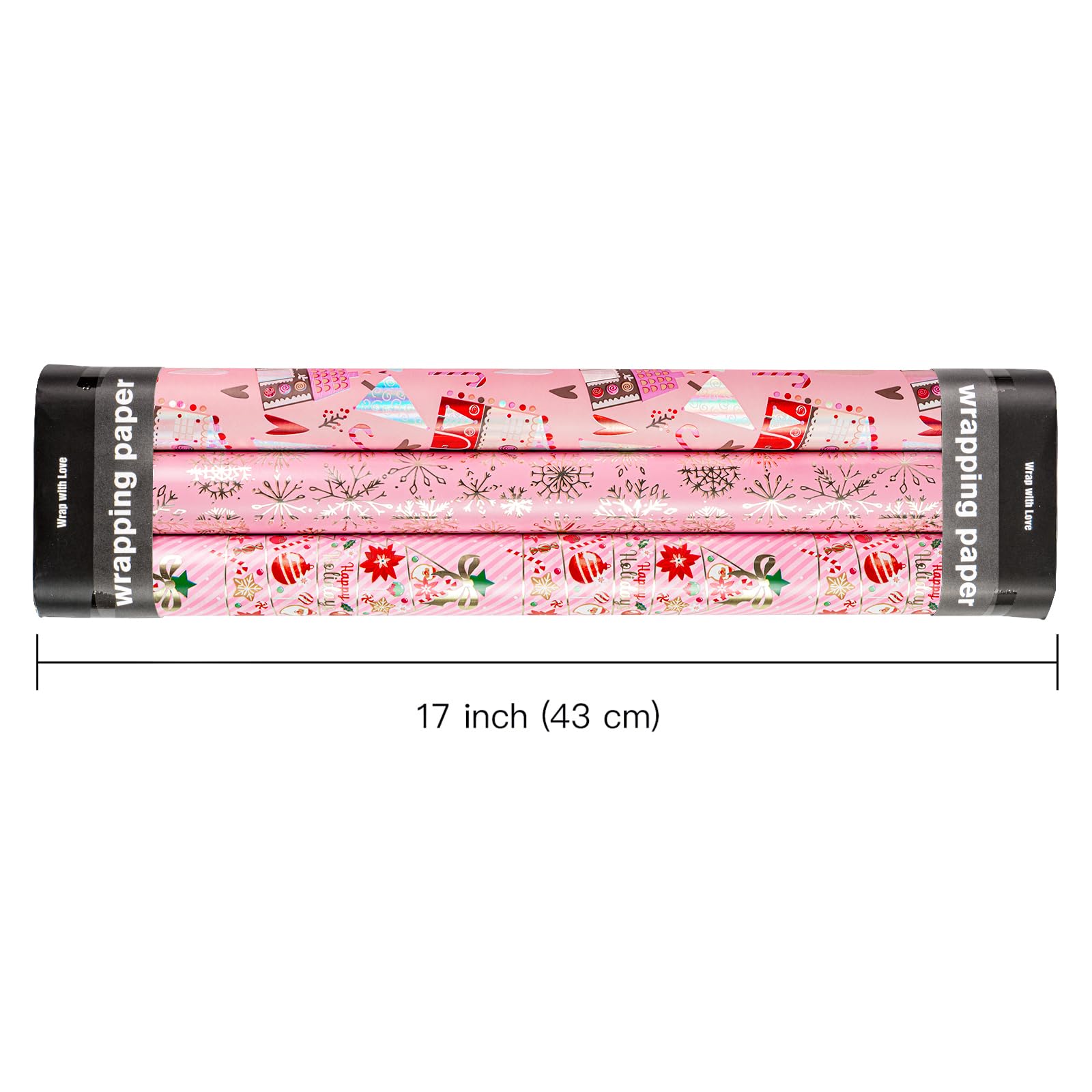WRAPAHOLIC Christmas Wrapping Paper Roll - Mini Roll - 3 Rolls - 17 Inch X 120 Inch Per Roll - Pastel Pink And Purple Reindeer, Candy Cane With JOY, Snowflake Holiday Collection