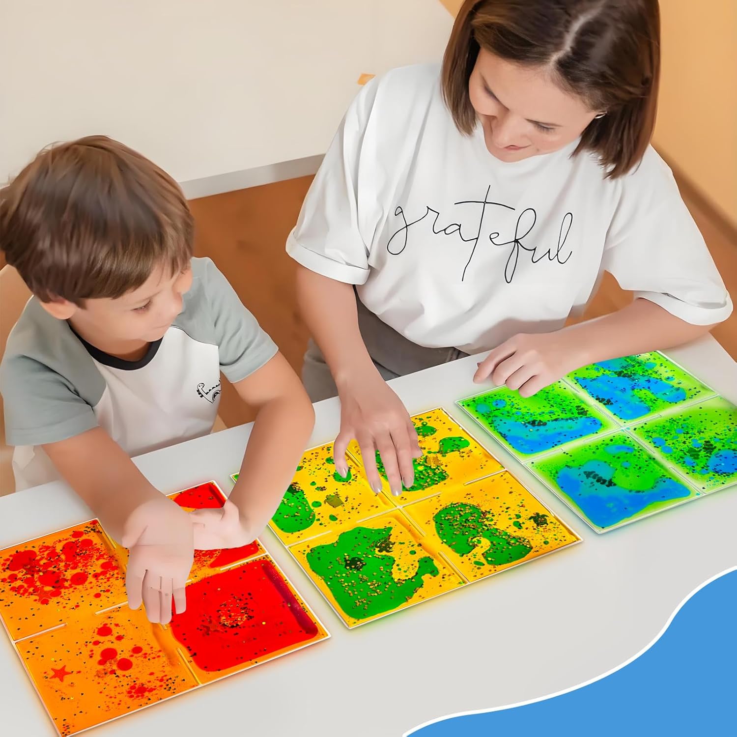 Liquid Sensory Soft Gel Tiles - 12" x 12" Square Multicolor Sensory Toys - Set of 9, Water Sensory Toys for Nurseries, Playrooms, Toddlers and Kids with Autism.