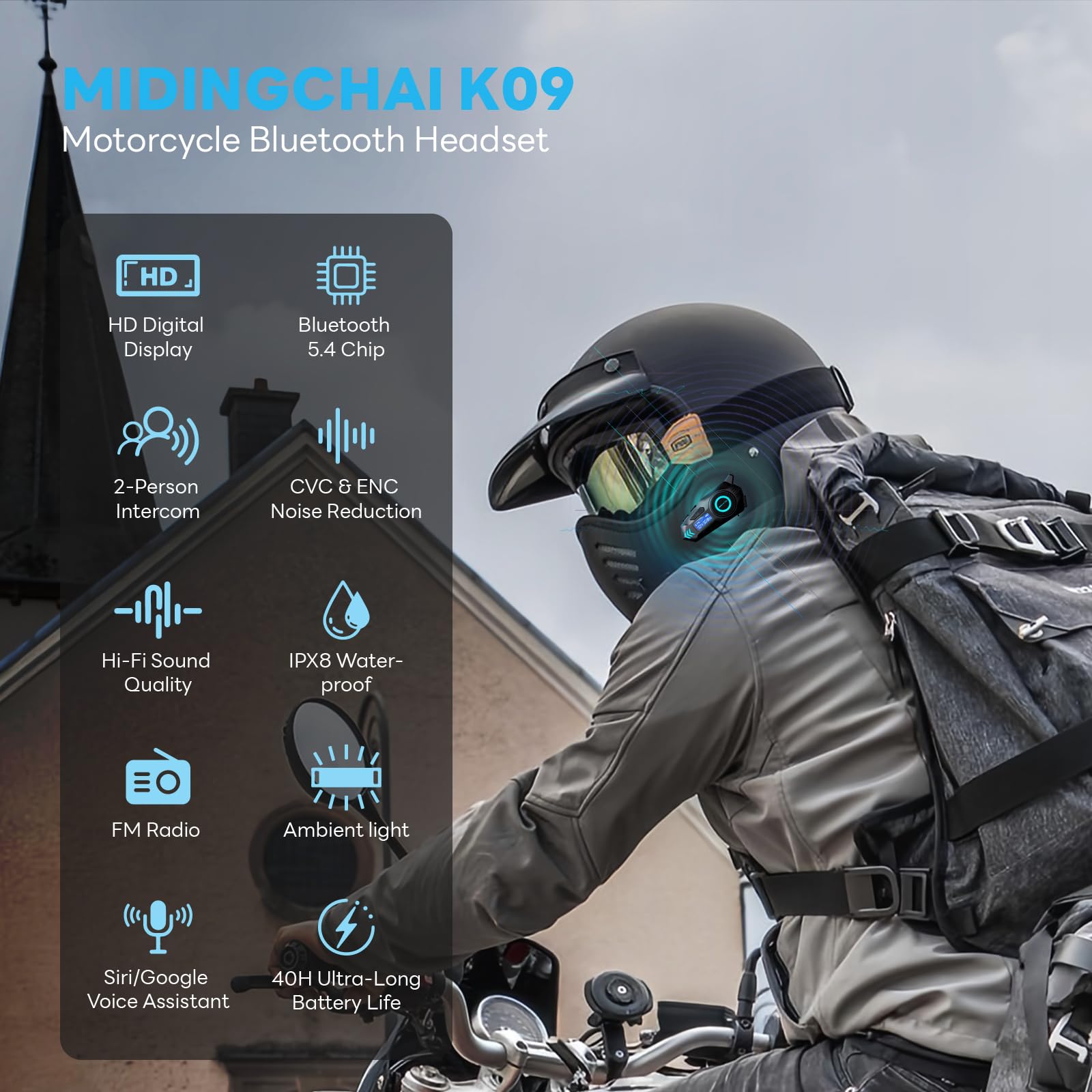 K09 Interfono Moto, Kit Vivavoce Moto Bluetooth 5.4, Sistema Comunicazione Duo Interfono Moto 500 m, Auricolare con Display Digitale/IPX8 Impermeabile/HIFI/FM (1 pz)