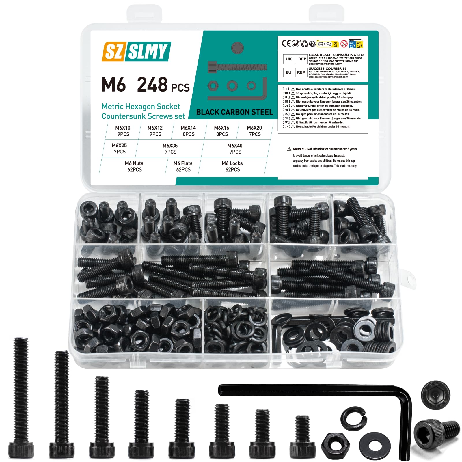 248 Pcs M6 Screws, M6 Nuts and Bolts Set, Hex Socket Head Cap Bolts and Nuts Set, Black Machine Screws Assorted with Lock and Flat Washers Assortment