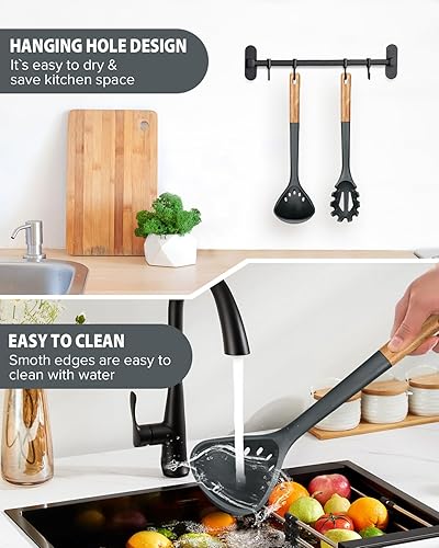 Miniatura 7 de Juego de tenedor y cucharón de silicona para pasta, mango de madera antiadherente grande, utensilios de cocina para cocinar, revolver, servir