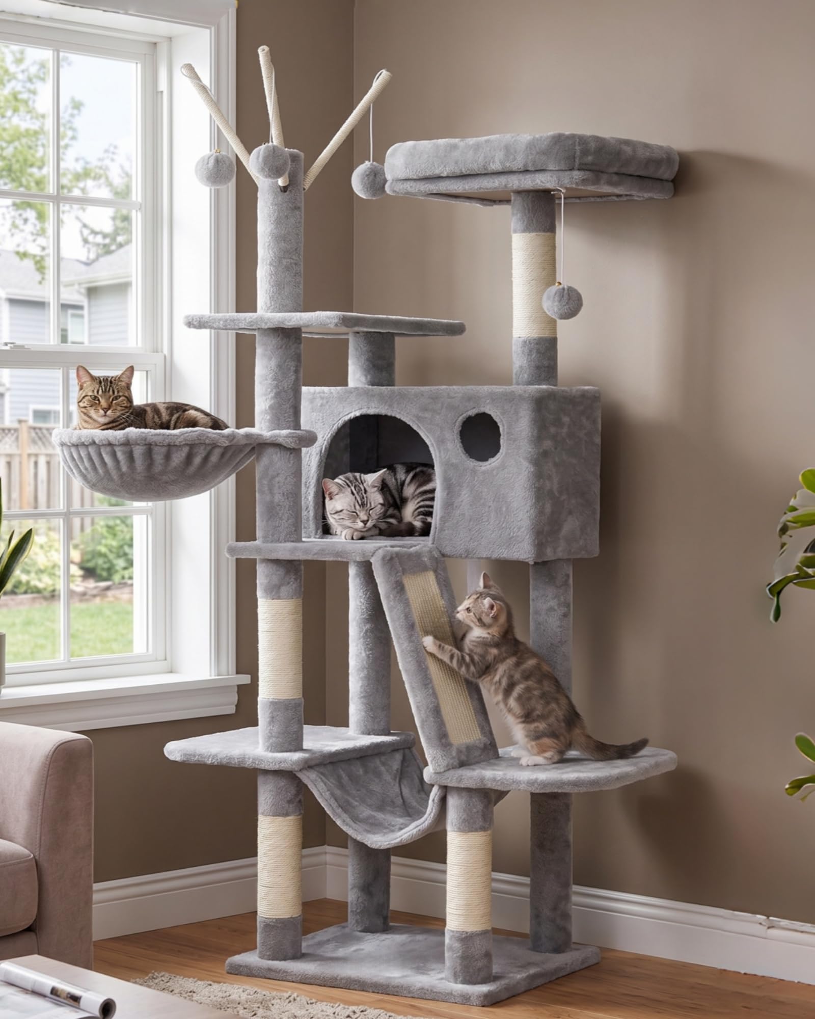 Hey-brother Cat Tree Tower with Padded Platform Bed, Hammock, MPJ019-SW — image 1