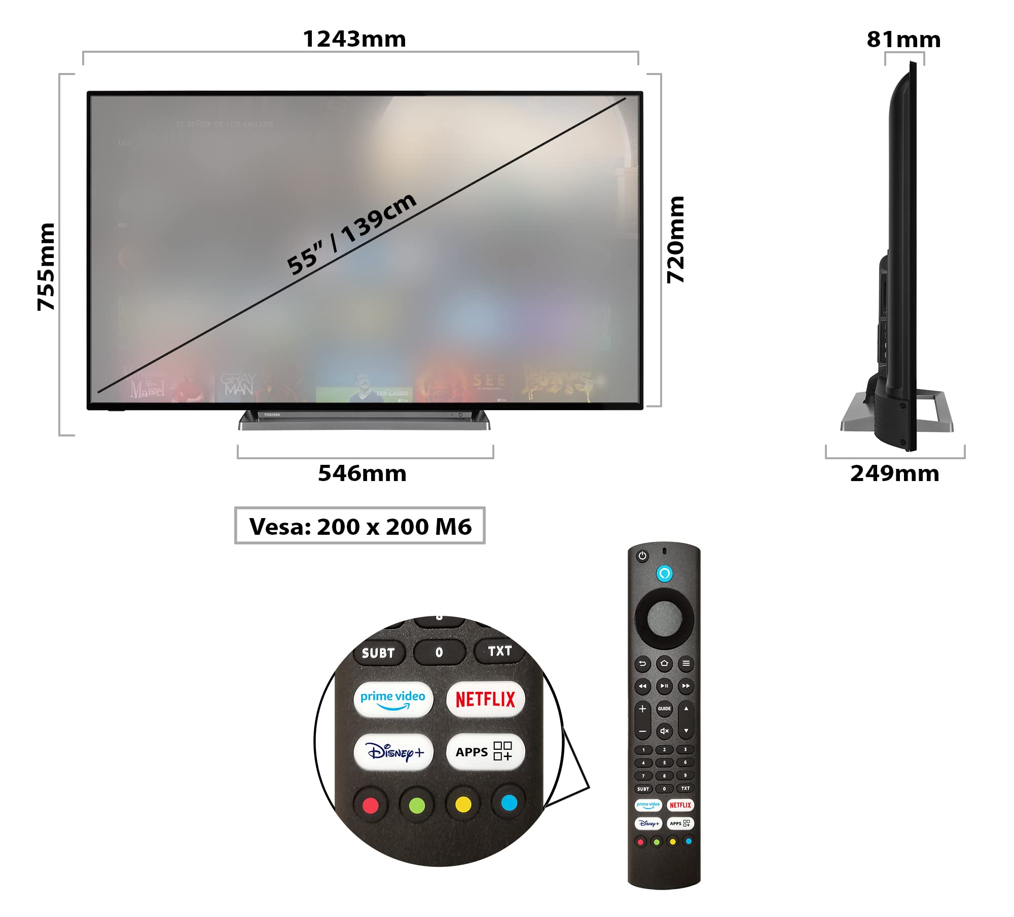 Toshiba Smart Fire TV 55" Ultra HD 55UF3D63DA, TV 4K 55 Pollici con Alexa Integrata, Televisore LED Compatibile con Alexa, DVB-T2, Tecnologia LED, Dolby Vision HDR10, HDMI 2.1, Dolby Atmos